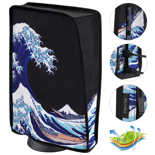PlayVital Vertical Anti Scratch Waterproof Nylon Dust Cover for PS5 Console Digital Edition & Disc Edition - The Great Wave & Black PlayVital