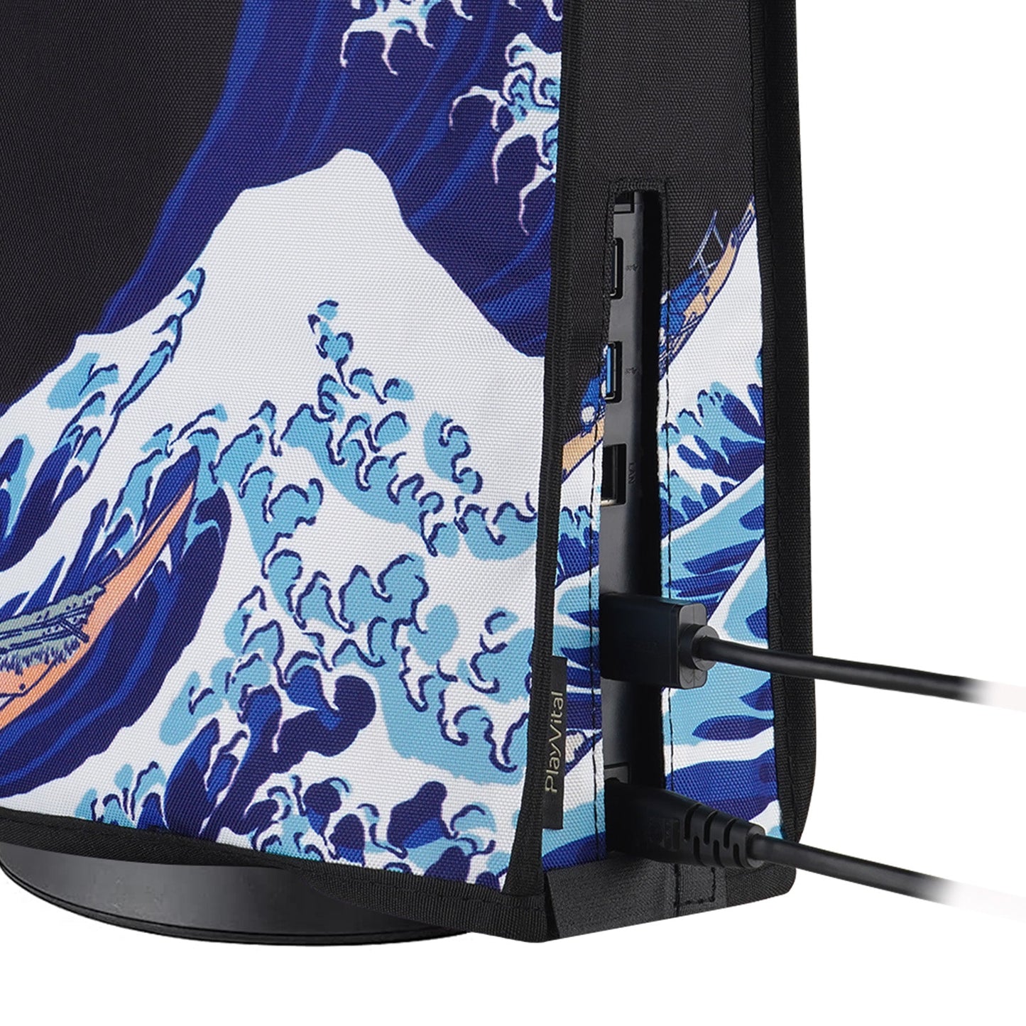 PlayVital Vertical Anti Scratch Waterproof Nylon Dust Cover for PS5 Console Digital Edition & Disc Edition - The Great Wave & Black PlayVital