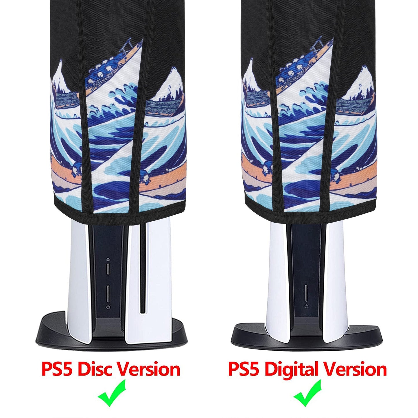 PlayVital Vertical Anti Scratch Waterproof Nylon Dust Cover for PS5 Console Digital Edition & Disc Edition - The Great Wave & Black PlayVital