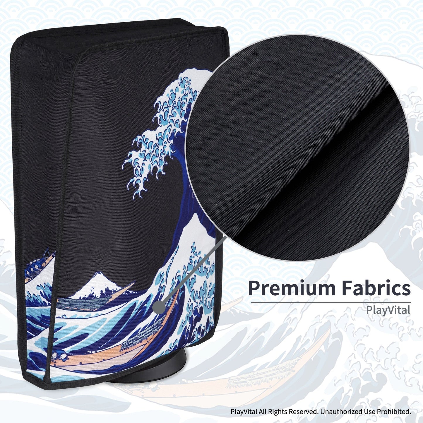 PlayVital Vertical Anti Scratch Waterproof Nylon Dust Cover for PS5 Console Digital Edition & Disc Edition - The Great Wave & Black PlayVital