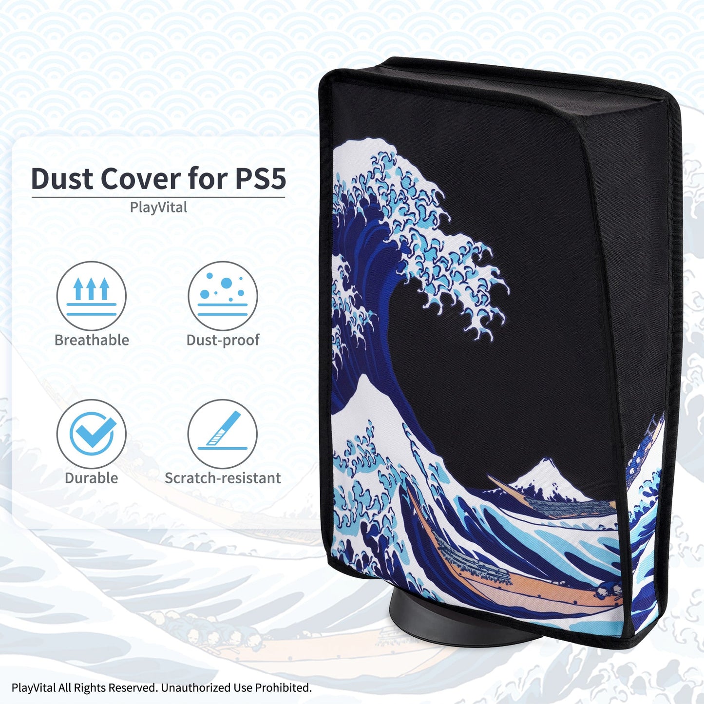 PlayVital Vertical Anti Scratch Waterproof Nylon Dust Cover for PS5 Console Digital Edition & Disc Edition - The Great Wave & Black PlayVital
