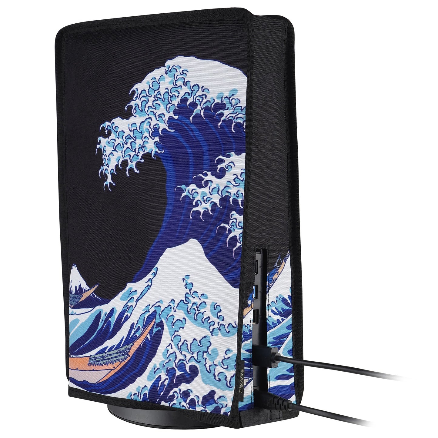 PlayVital Vertical Anti Scratch Waterproof Nylon Dust Cover for PS5 Console Digital Edition & Disc Edition - The Great Wave & Black PlayVital