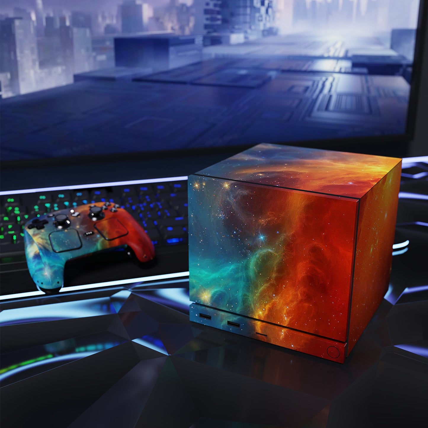 PlayVital Vinyl Skin Set for Steam Machine Console & Steam Controller (2026), Protective Decal Wrap - Orange Star Universe PlayVital