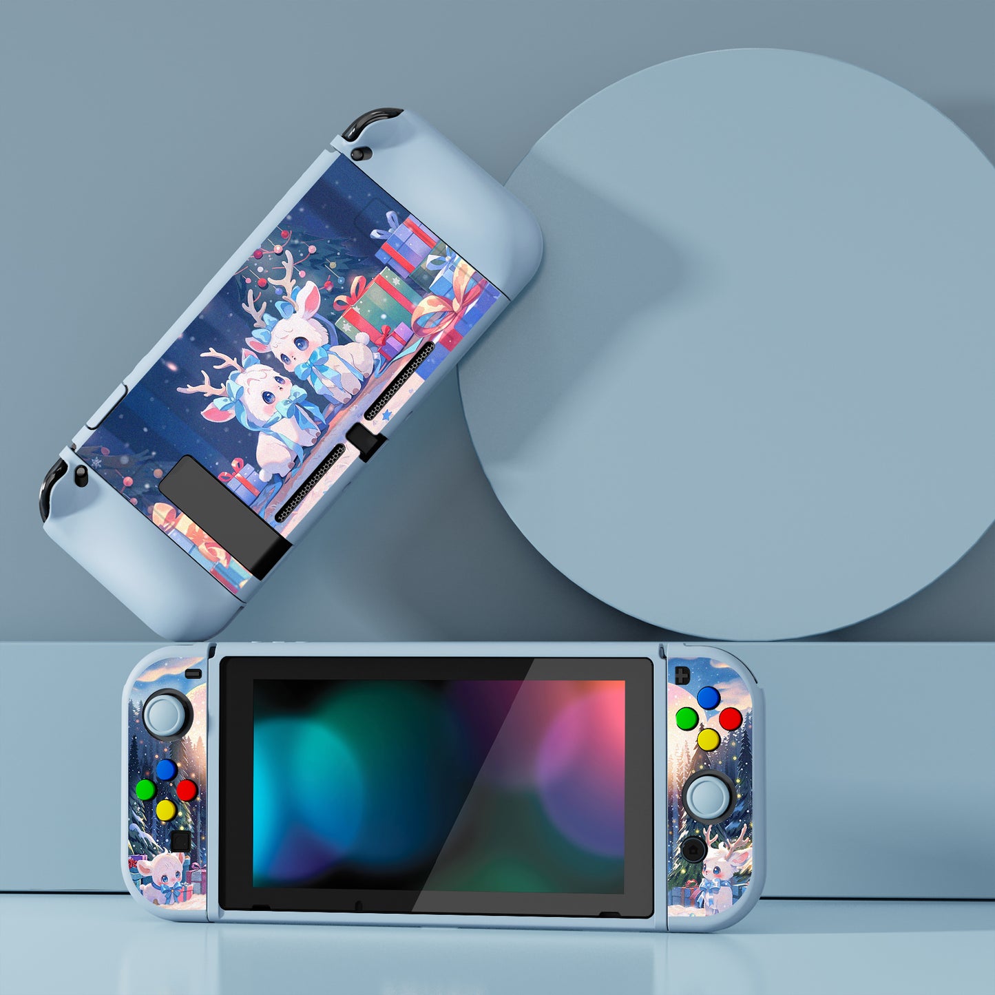 PlayVital ZealProtect Soft Protective Case for Nintendo Switch, Flexible Cover for Switch with Tempered Glass Screen Protector & Thumb Grips & ABXY Direction Button Caps - Santa Deer - RNSYV6052 playvital