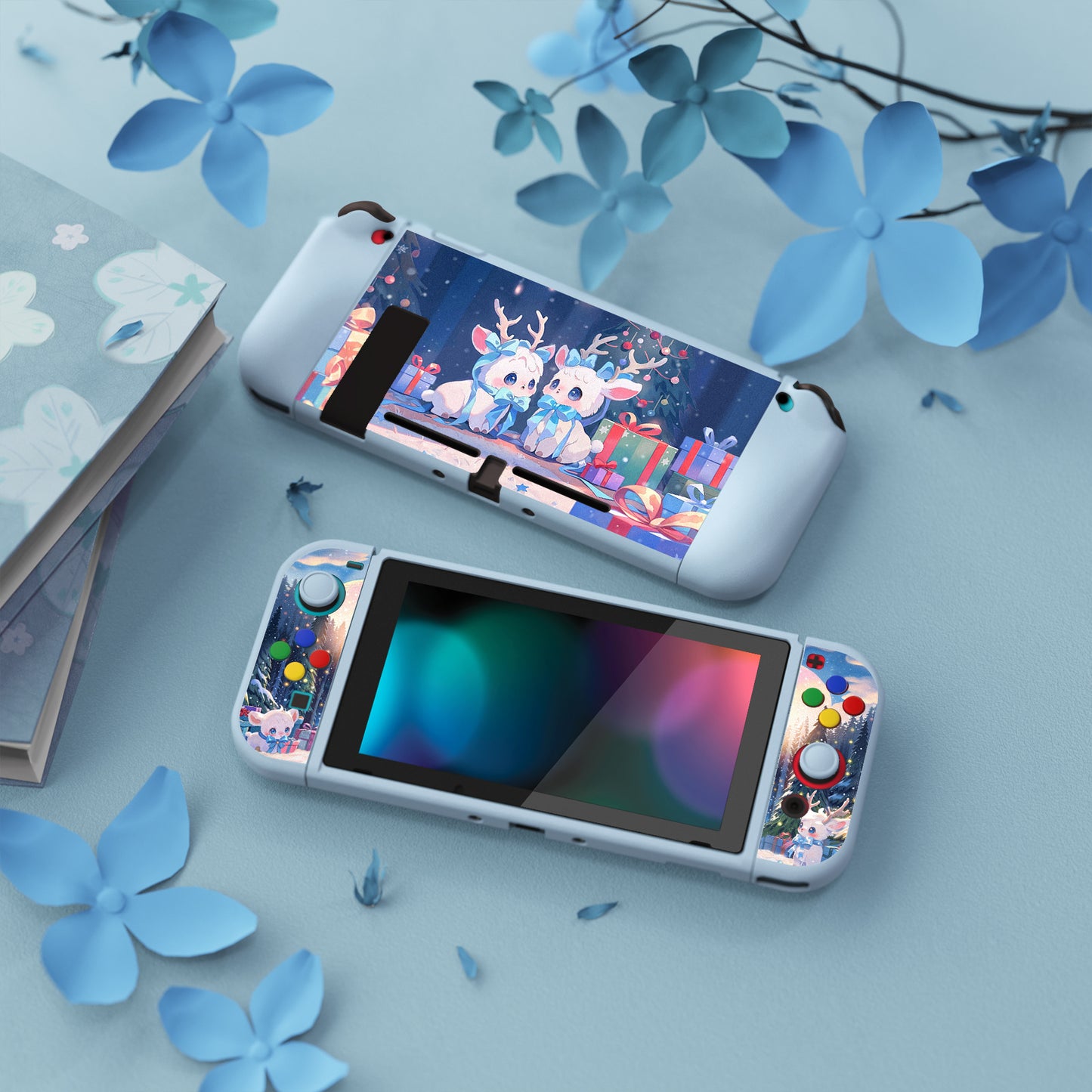 PlayVital ZealProtect Soft Protective Case for Nintendo Switch, Flexible Cover for Switch with Tempered Glass Screen Protector & Thumb Grips & ABXY Direction Button Caps - Santa Deer - RNSYV6052 playvital