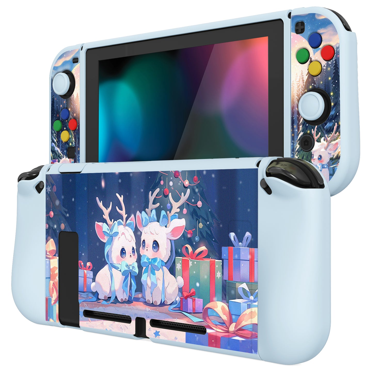 PlayVital ZealProtect Soft Protective Case for Nintendo Switch, Flexible Cover for Switch with Tempered Glass Screen Protector & Thumb Grips & ABXY Direction Button Caps - Santa Deer - RNSYV6052 playvital