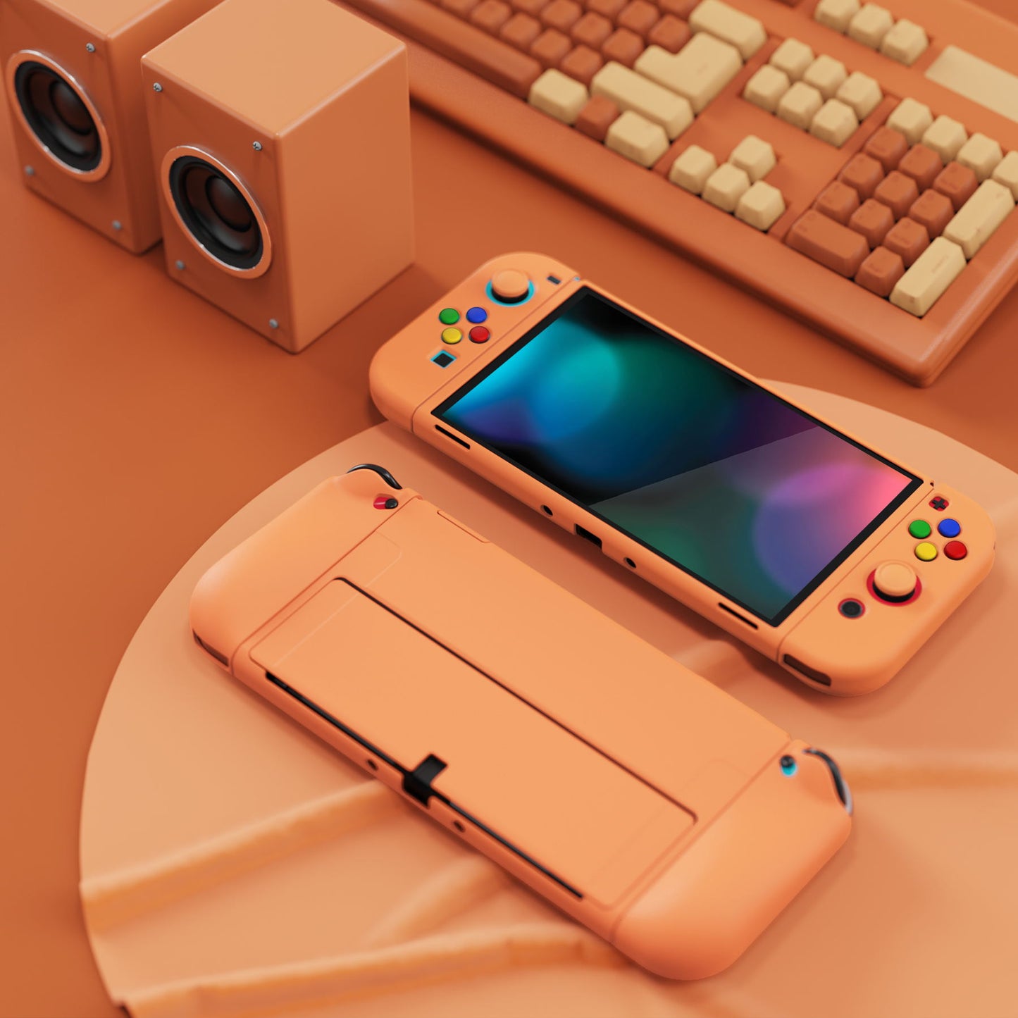 PlayVital ZealProtect Soft TPU Slim Protective Case with Thumb Grip Caps & ABXY Direction Button Caps for Nintendo Switch OLED - Apricot Yellow