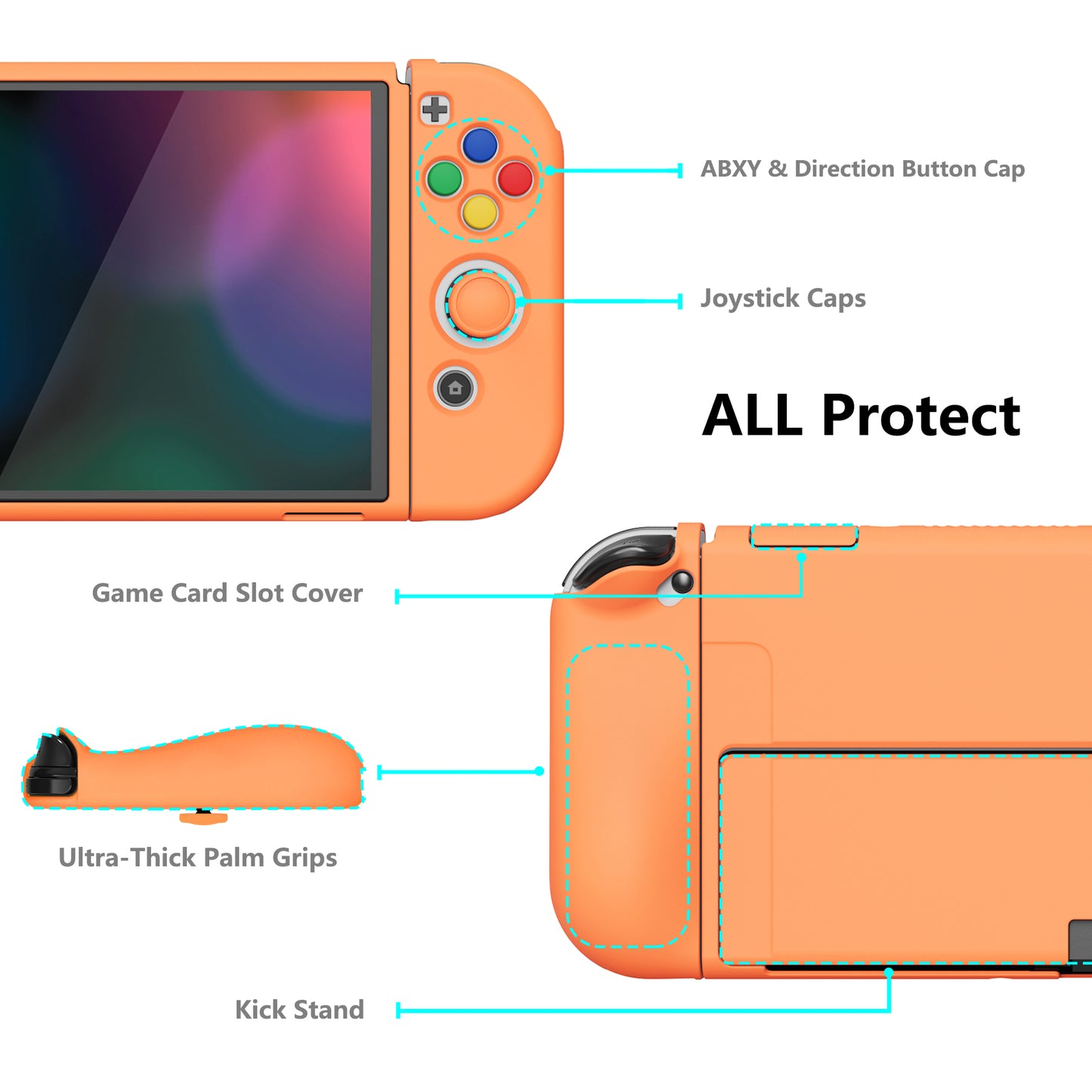 PlayVital ZealProtect Soft TPU Slim Protective Case with Thumb Grip Caps & ABXY Direction Button Caps for Nintendo Switch OLED - Apricot Yellow