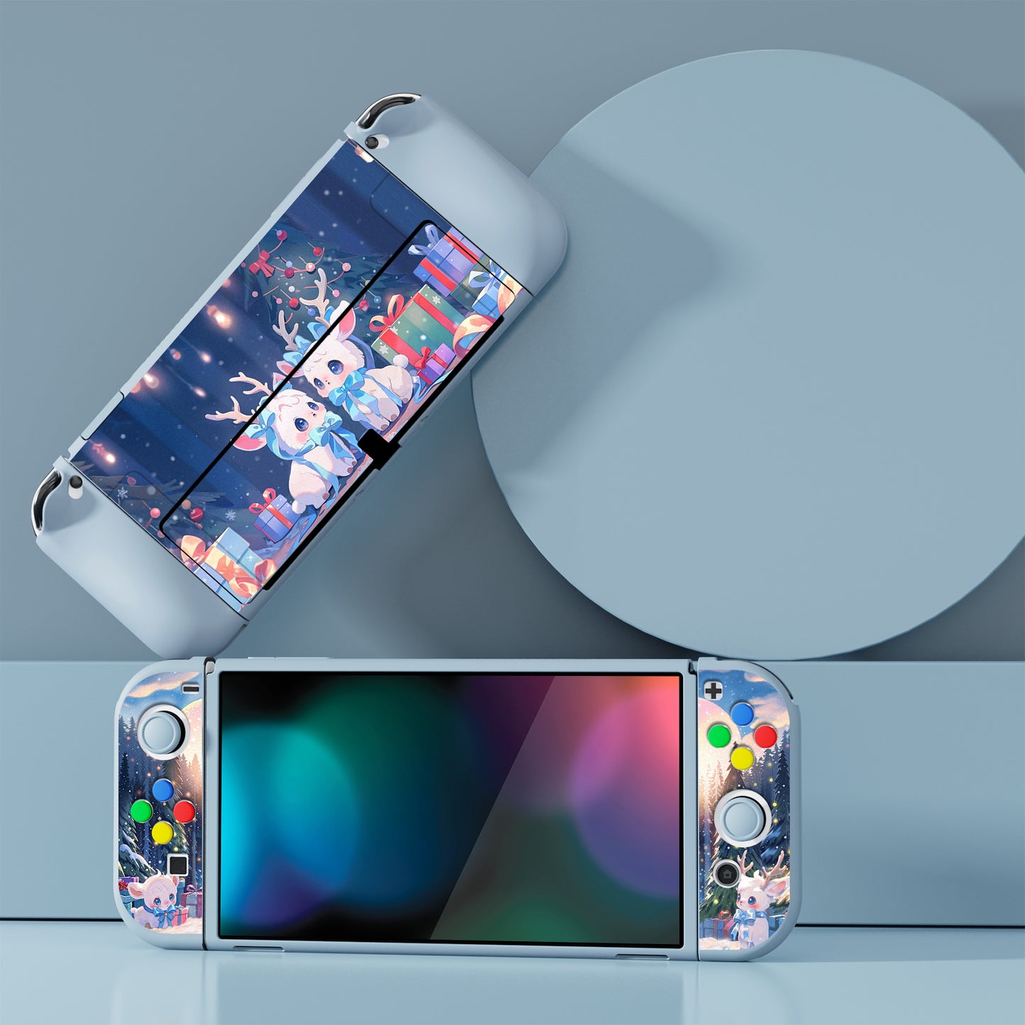 PlayVital ZealProtect Soft Protective Case for Switch OLED, Flexible Protector Grip Cover for Switch OLED with Thumb Grip Caps & ABXY Direction Button Caps - Santa Deer - XSOYV6044 playvital
