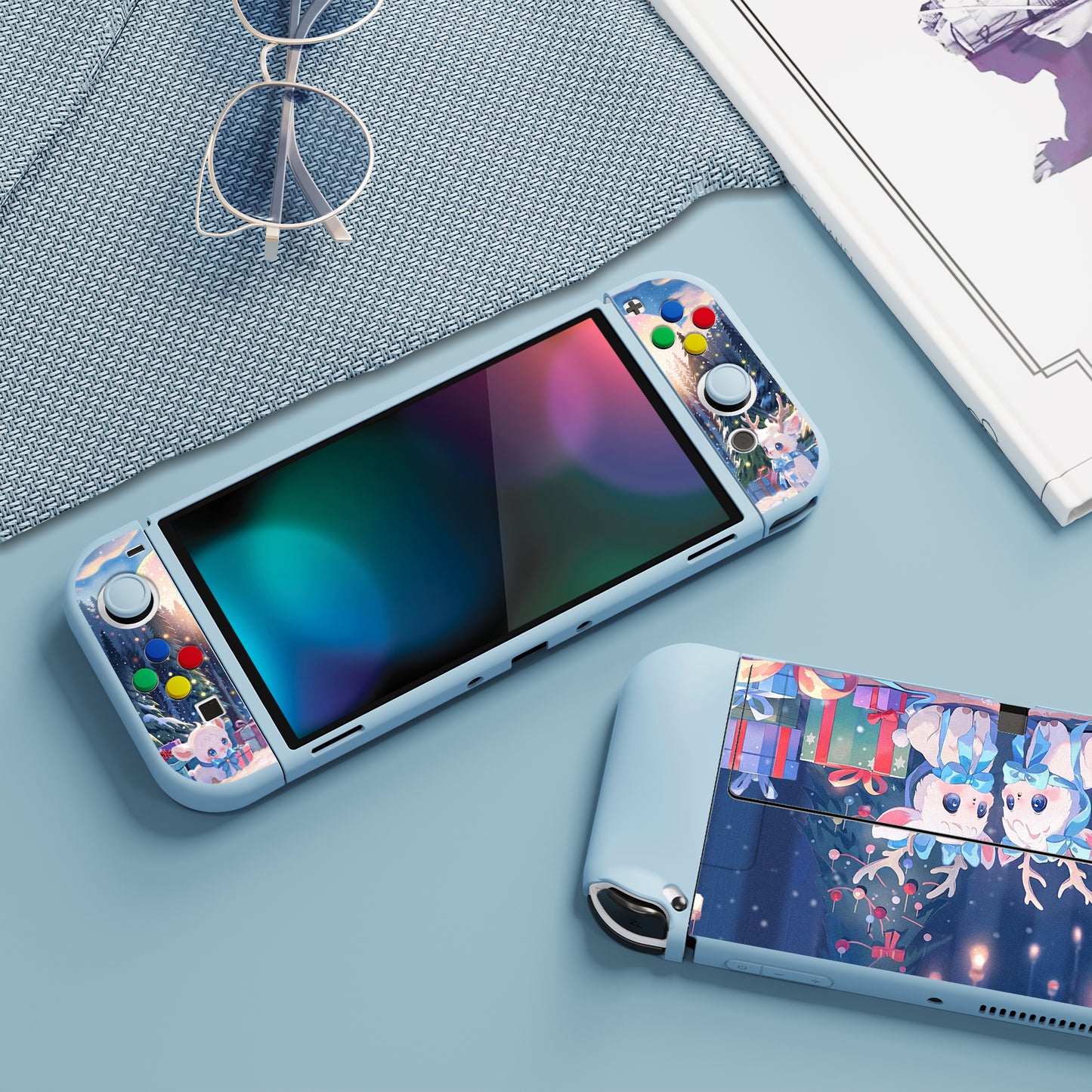 PlayVital ZealProtect Soft Protective Case for Switch OLED, Flexible Protector Grip Cover for Switch OLED with Thumb Grip Caps & ABXY Direction Button Caps - Santa Deer - XSOYV6044 playvital