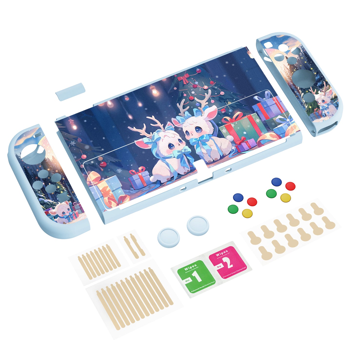 PlayVital ZealProtect Soft Protective Case for Switch OLED, Flexible Protector Grip Cover for Switch OLED with Thumb Grip Caps & ABXY Direction Button Caps - Santa Deer - XSOYV6044 playvital