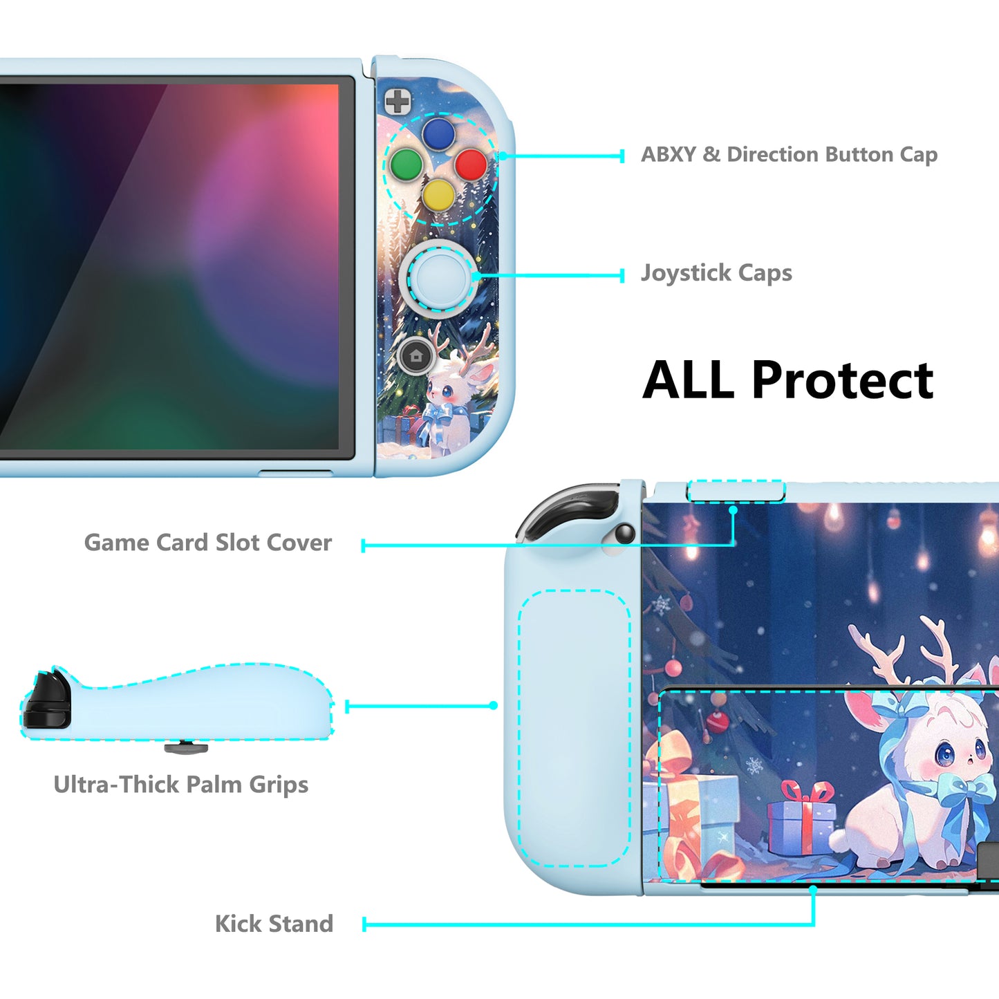 PlayVital ZealProtect Soft Protective Case for Switch OLED, Flexible Protector Grip Cover for Switch OLED with Thumb Grip Caps & ABXY Direction Button Caps - Santa Deer - XSOYV6044 playvital