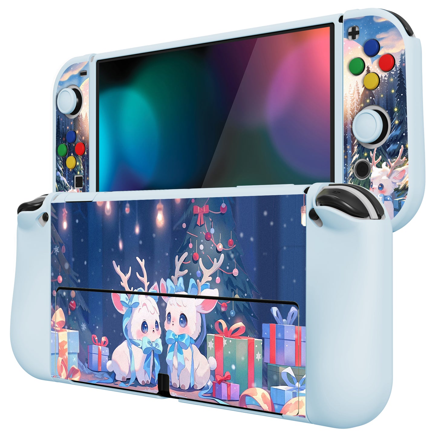 PlayVital ZealProtect Soft Protective Case for Switch OLED, Flexible Protector Grip Cover for Switch OLED with Thumb Grip Caps & ABXY Direction Button Caps - Santa Deer - XSOYV6044 playvital