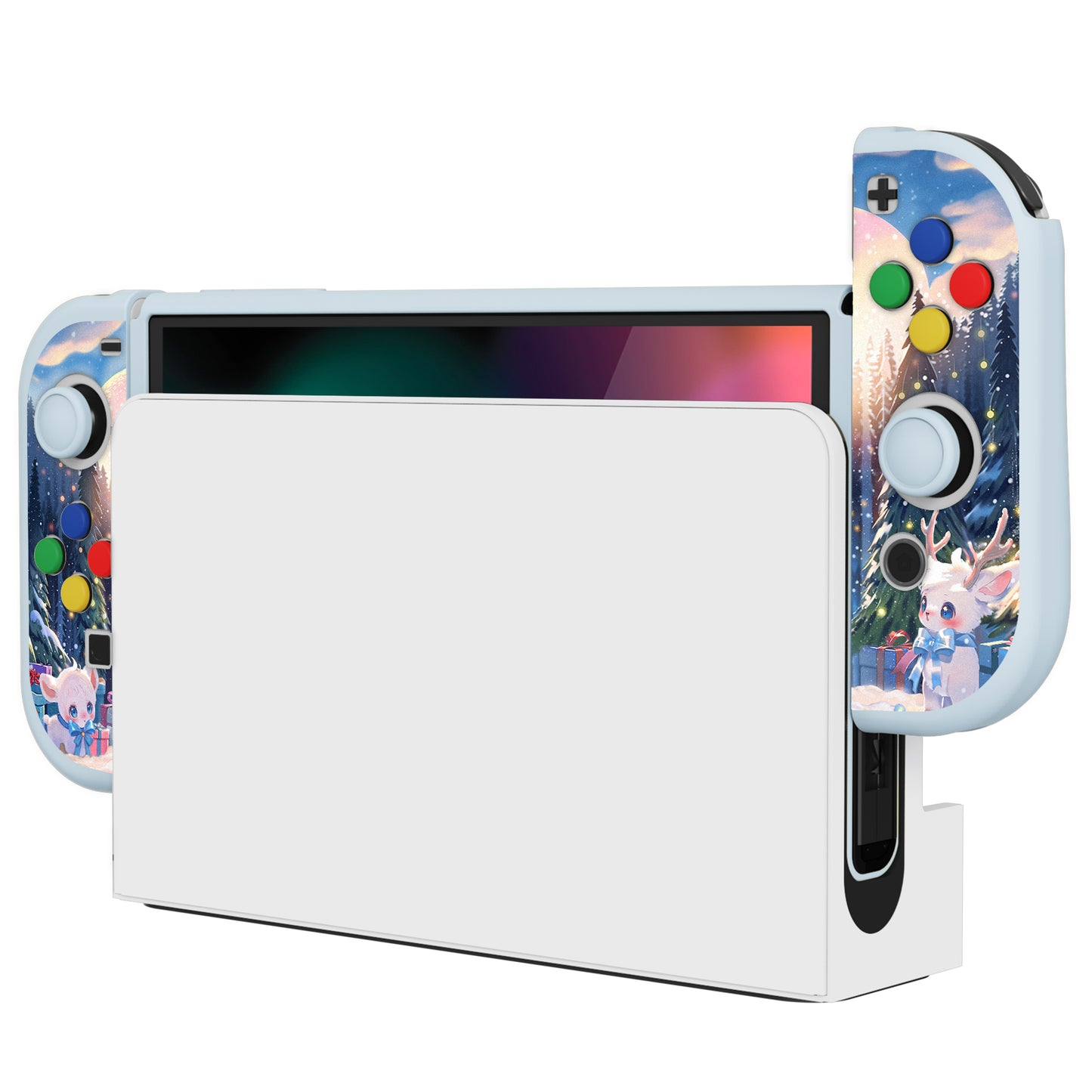 PlayVital ZealProtect Soft Protective Case for Switch OLED, Flexible Protector Grip Cover for Switch OLED with Thumb Grip Caps & ABXY Direction Button Caps - Santa Deer - XSOYV6044 playvital