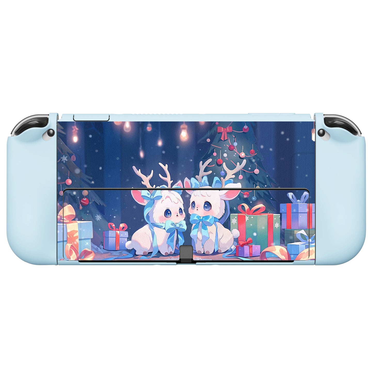 PlayVital ZealProtect Soft Protective Case for Switch OLED, Flexible Protector Grip Cover for Switch OLED with Thumb Grip Caps & ABXY Direction Button Caps - Santa Deer - XSOYV6044 playvital