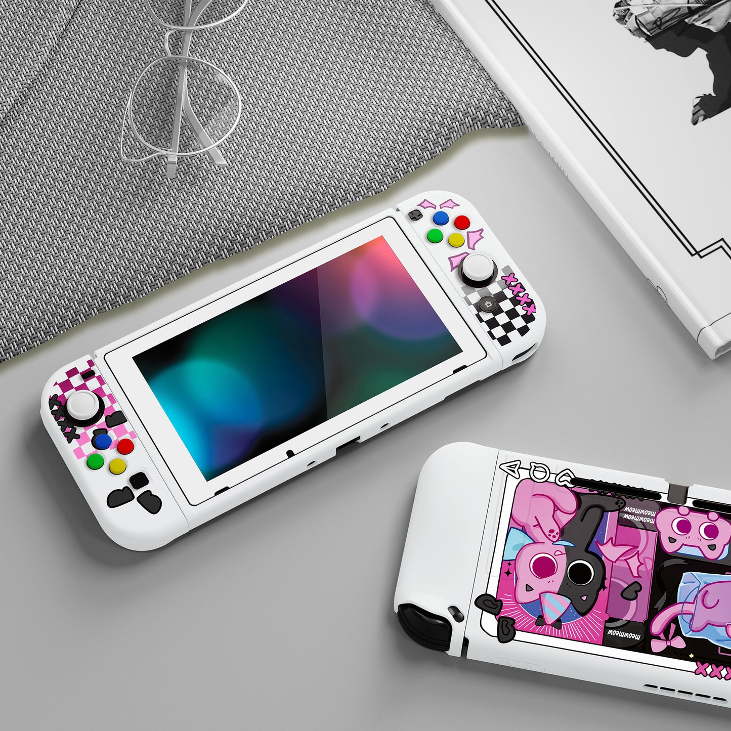 PlayVital ZealProtect Soft TPU Slim Protective Case with Tempered Glass Screen Protector & Thumb Grips & ABXY Direction Button Caps for Nintendo Switch - PP & VV - RNSYV6060 playvital