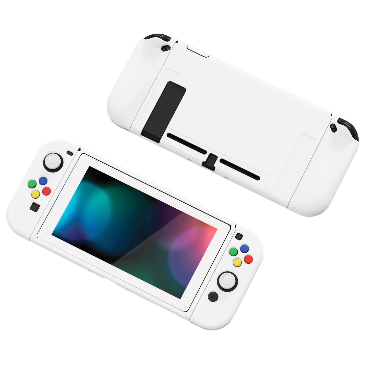 PlayVital ZealProtect Soft TPU Slim Protective Case with Tempered Glass Screen Protector & Thumb Grips & ABXY Direction Button Caps for Nintendo Switch - White playvital