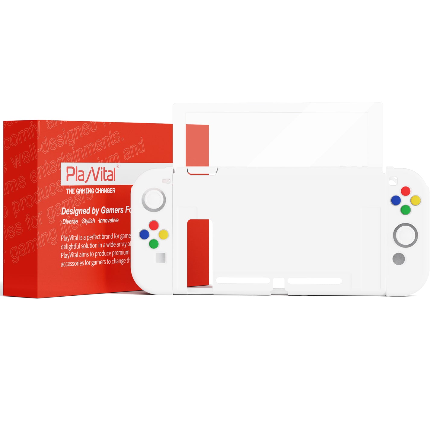 PlayVital ZealProtect Soft TPU Slim Protective Case with Tempered Glass Screen Protector & Thumb Grips & ABXY Direction Button Caps for Nintendo Switch - White playvital