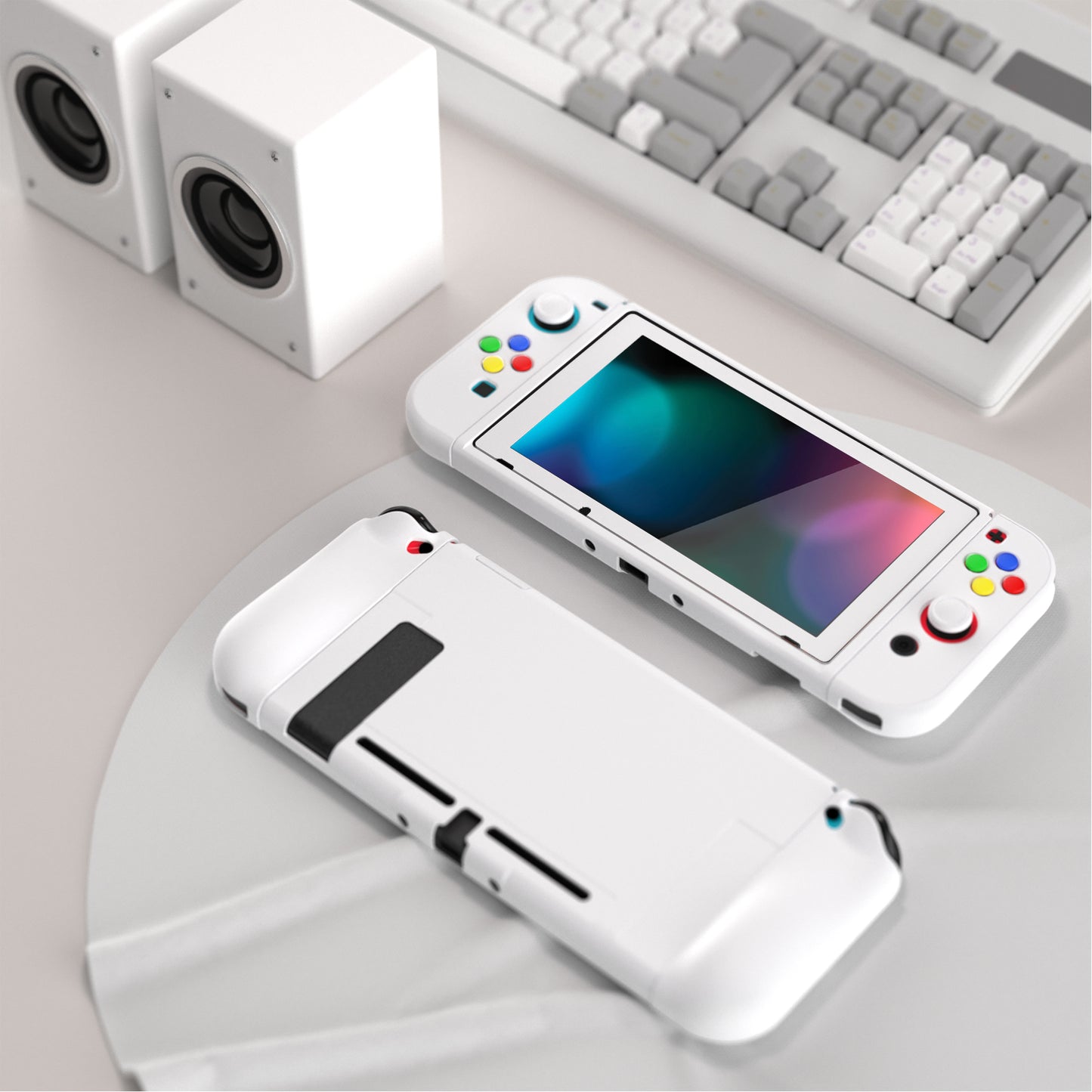 PlayVital ZealProtect Soft TPU Slim Protective Case with Tempered Glass Screen Protector & Thumb Grips & ABXY Direction Button Caps for Nintendo Switch - White playvital