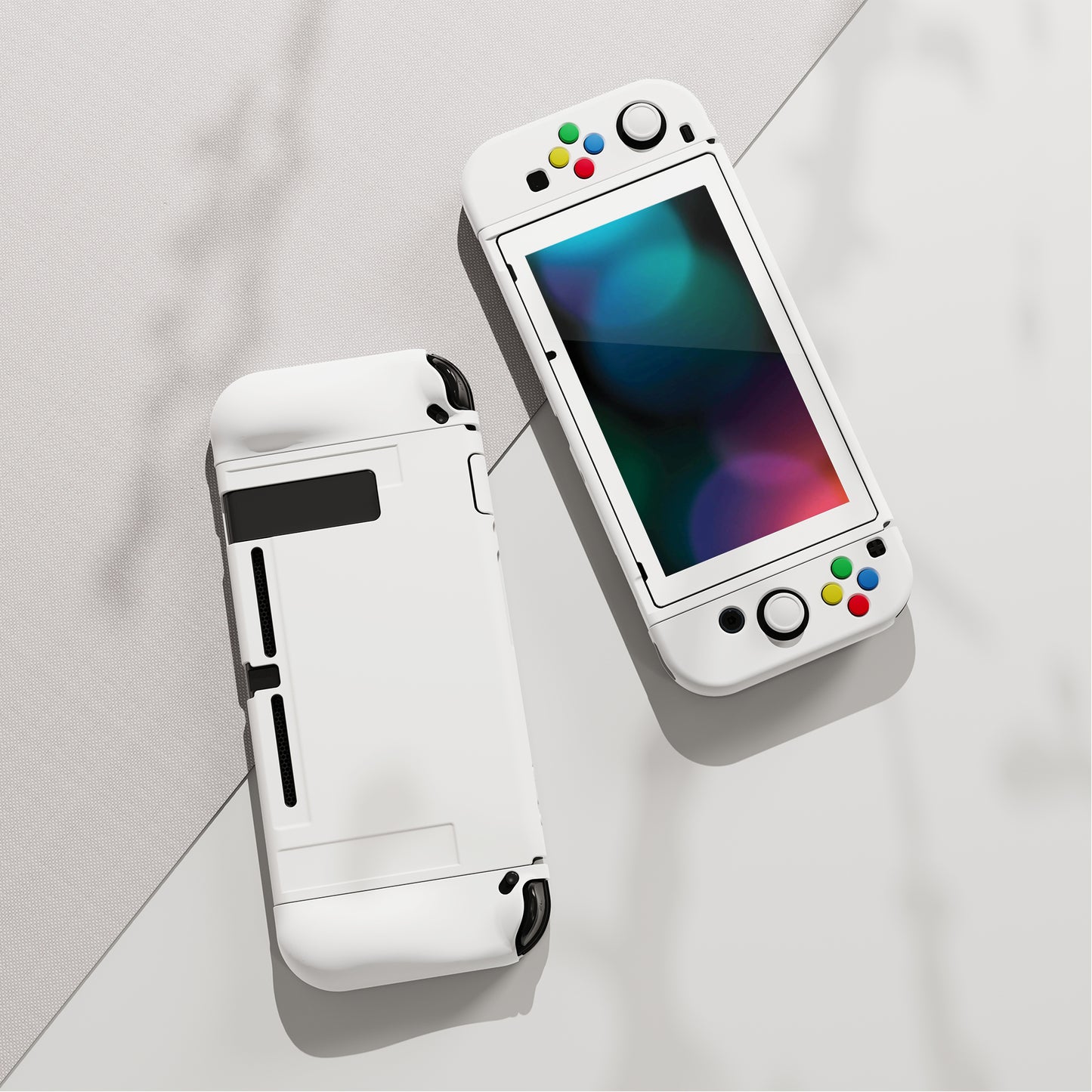 PlayVital ZealProtect Soft TPU Slim Protective Case with Tempered Glass Screen Protector & Thumb Grips & ABXY Direction Button Caps for Nintendo Switch - White playvital