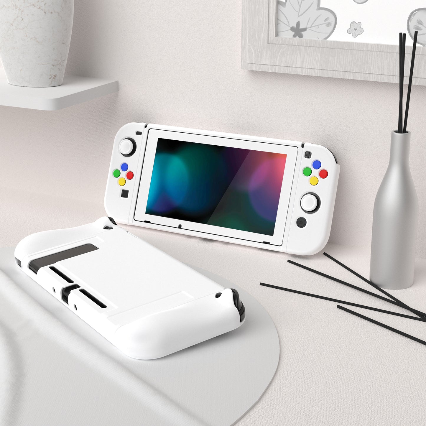 PlayVital ZealProtect Soft TPU Slim Protective Case with Tempered Glass Screen Protector & Thumb Grips & ABXY Direction Button Caps for Nintendo Switch - White playvital