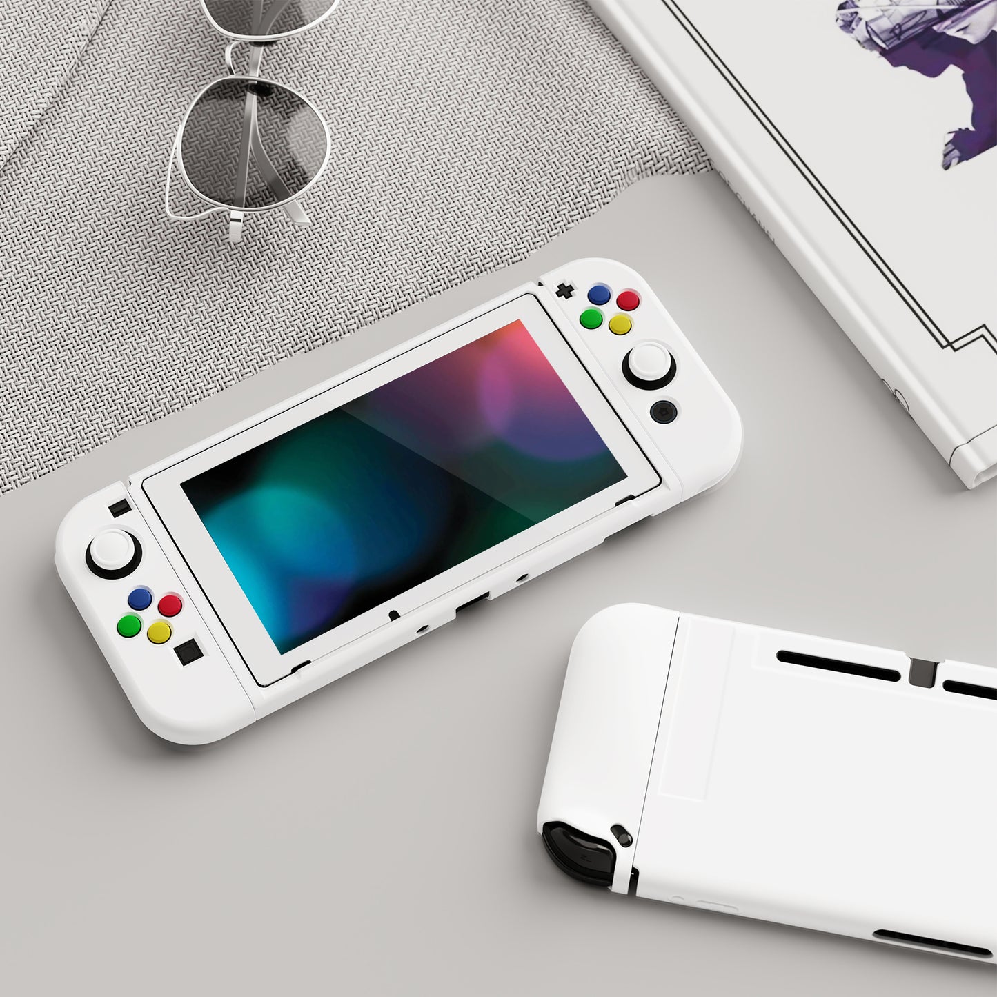 PlayVital ZealProtect Soft TPU Slim Protective Case with Tempered Glass Screen Protector & Thumb Grips & ABXY Direction Button Caps for Nintendo Switch - White playvital