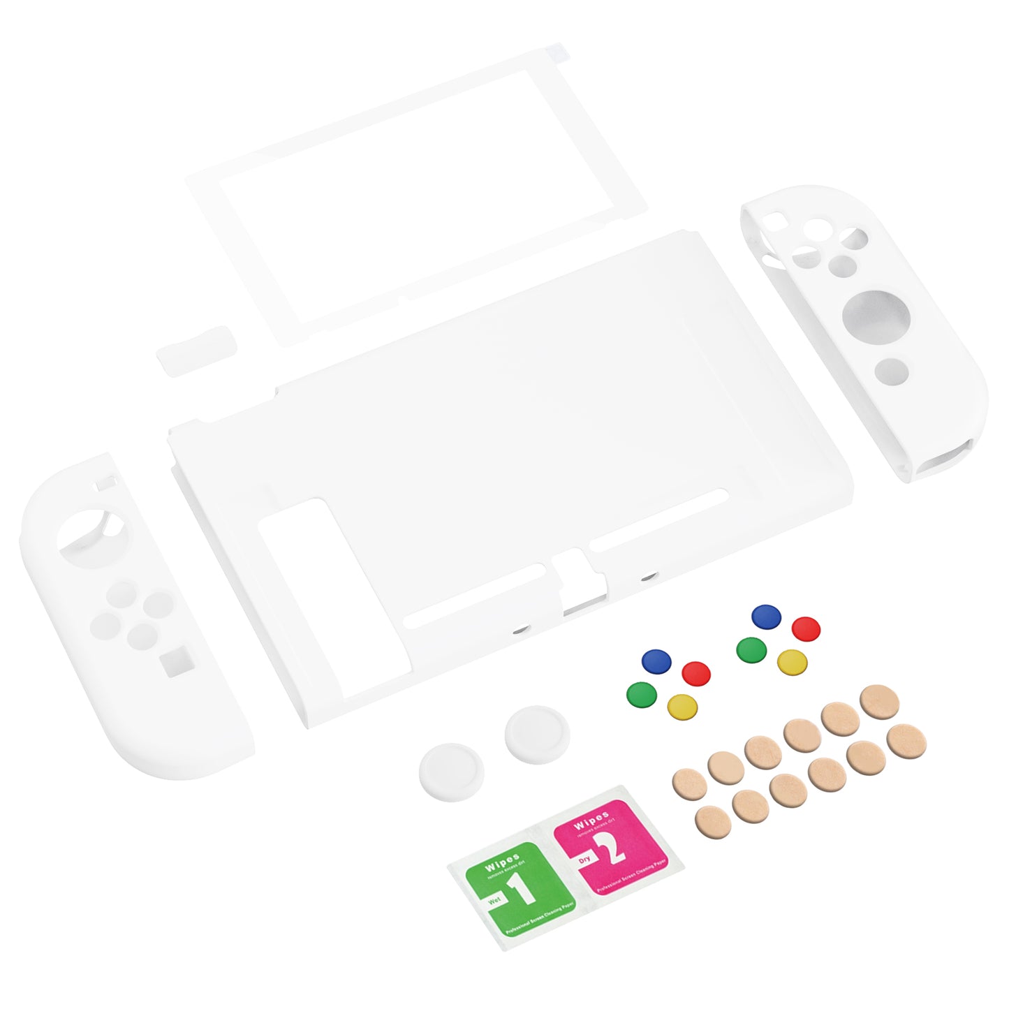 PlayVital ZealProtect Soft TPU Slim Protective Case with Tempered Glass Screen Protector & Thumb Grips & ABXY Direction Button Caps for Nintendo Switch - White playvital