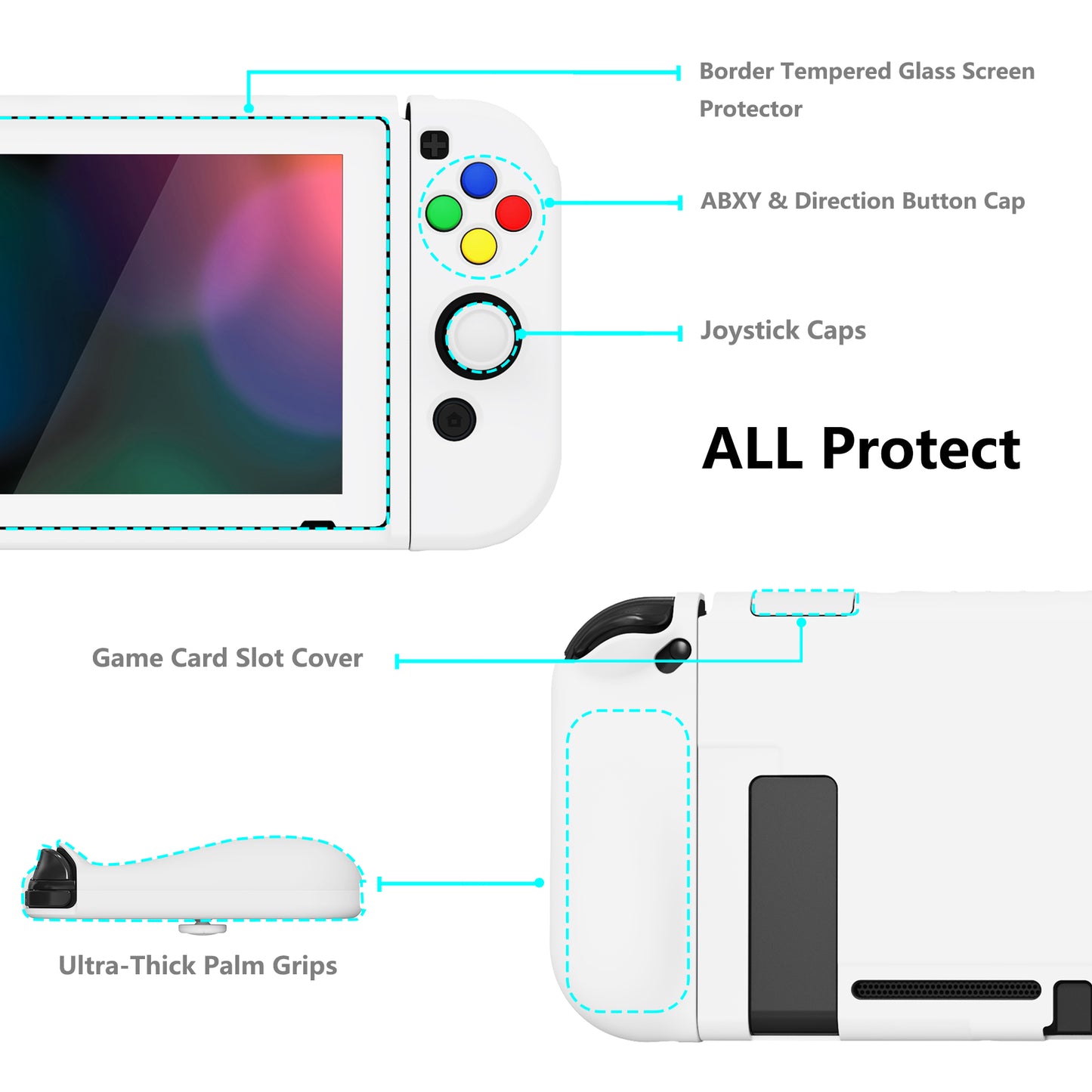 PlayVital ZealProtect Soft TPU Slim Protective Case with Tempered Glass Screen Protector & Thumb Grips & ABXY Direction Button Caps for Nintendo Switch - White playvital