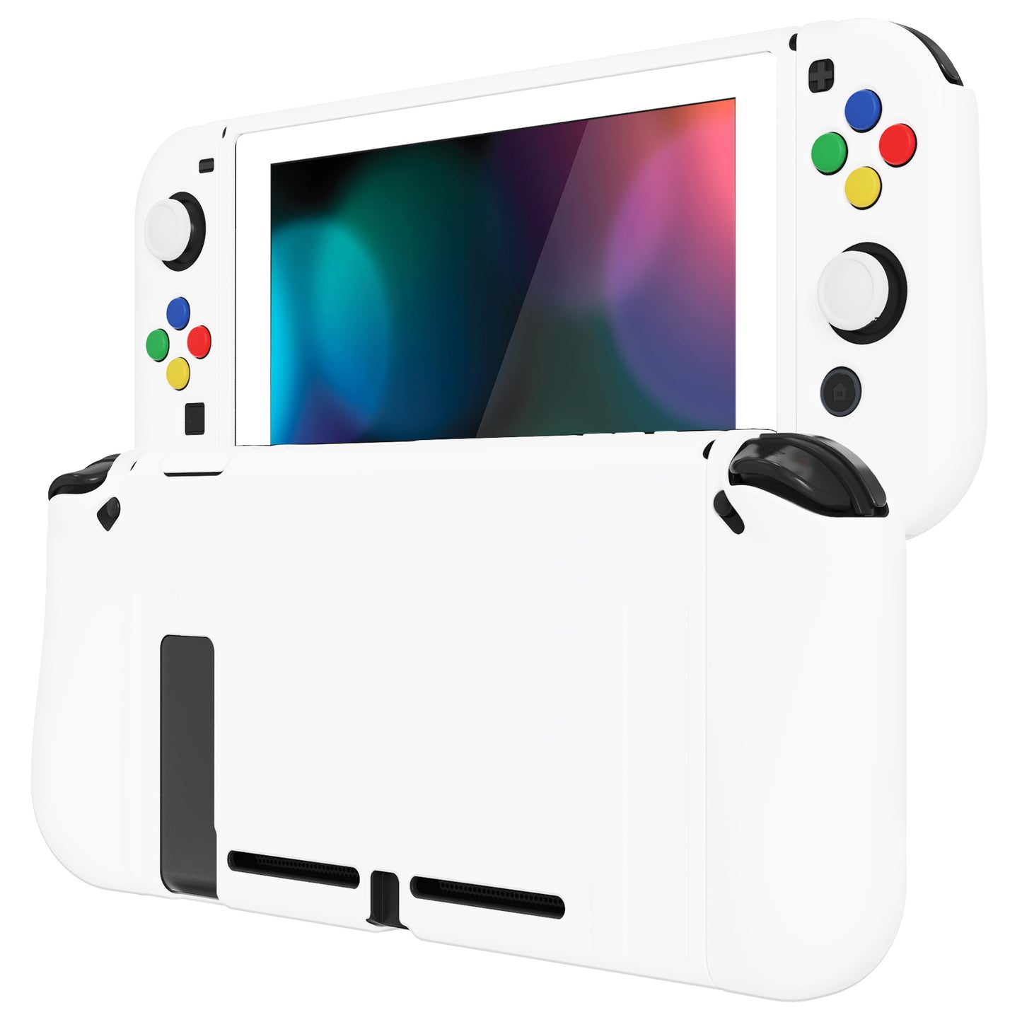 PlayVital ZealProtect Soft TPU Slim Protective Case with Tempered Glass Screen Protector & Thumb Grips & ABXY Direction Button Caps for Nintendo Switch - White playvital