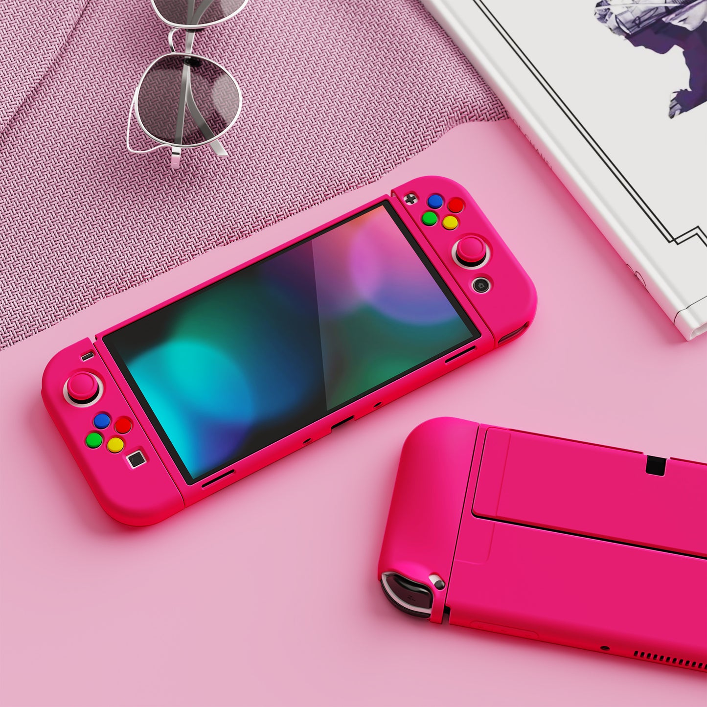PlayVital ZealProtect Soft TPU Slim Protective Case with Thumb Grip Caps & ABXY Direction Button Caps for Nintendo Switch OLED - Bright Pink playvital