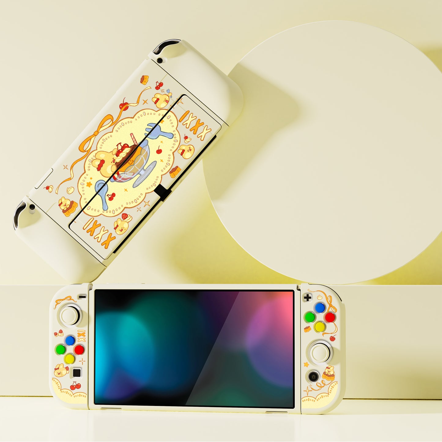 PlayVital ZealProtect Soft TPU Slim Protective Case with Thumb Grip Caps & ABXY Direction Button Caps for Nintendo Switch OLED - Pudding Rabbit - XSOYV6059 playvital