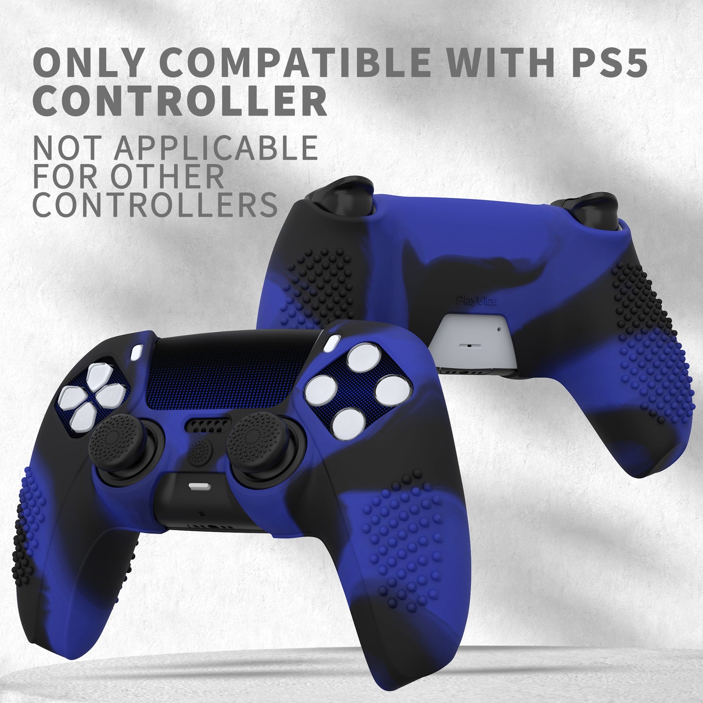 PlayVital 2 Set Upgraded 3D Studded Edition Anti-Slip Silicone Cover Skin with 6 Thumb Grips & 2 Stickers for PS5 Controller, Compatible with Charging Dock - Blue & Black PlayVital