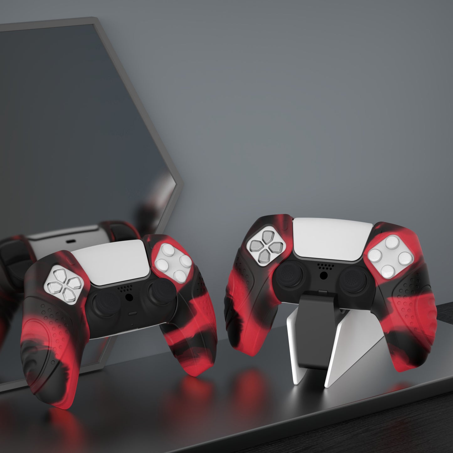 PlayVital Guardian Edition Ergonomic Anti-Slip Silicone Cover Skin with Thumb Grip Caps for PS5 Wireless Controller, Compatible with Charging Station - Red & Black - YHPF028 PlayVital