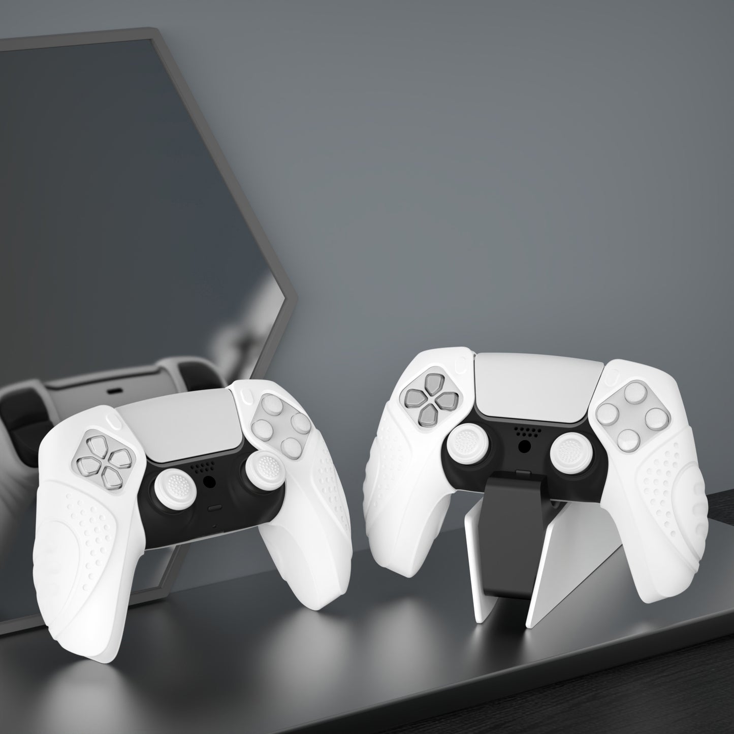 PlayVital Guardian Edition Ergonomic Anti-Slip Silicone Cover Skin with Thumb Grip Caps for PS5 Wireless Controller, Compatible with Charging Station - White - YHPF027 PlayVital