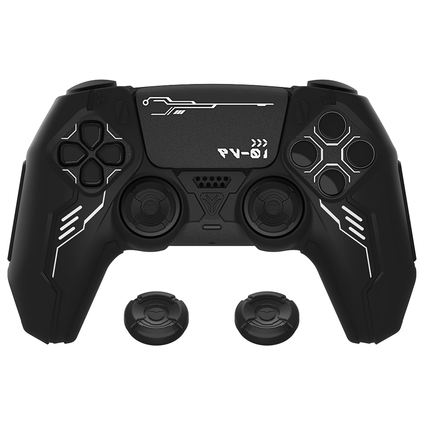 PlayVital Mecha Edition Anti-Slip Silicone Cover Skin with Matching Thumb Grips and Stickers for PS5 Wireless Controller - Compatible with Charging Station - Black PlayVital