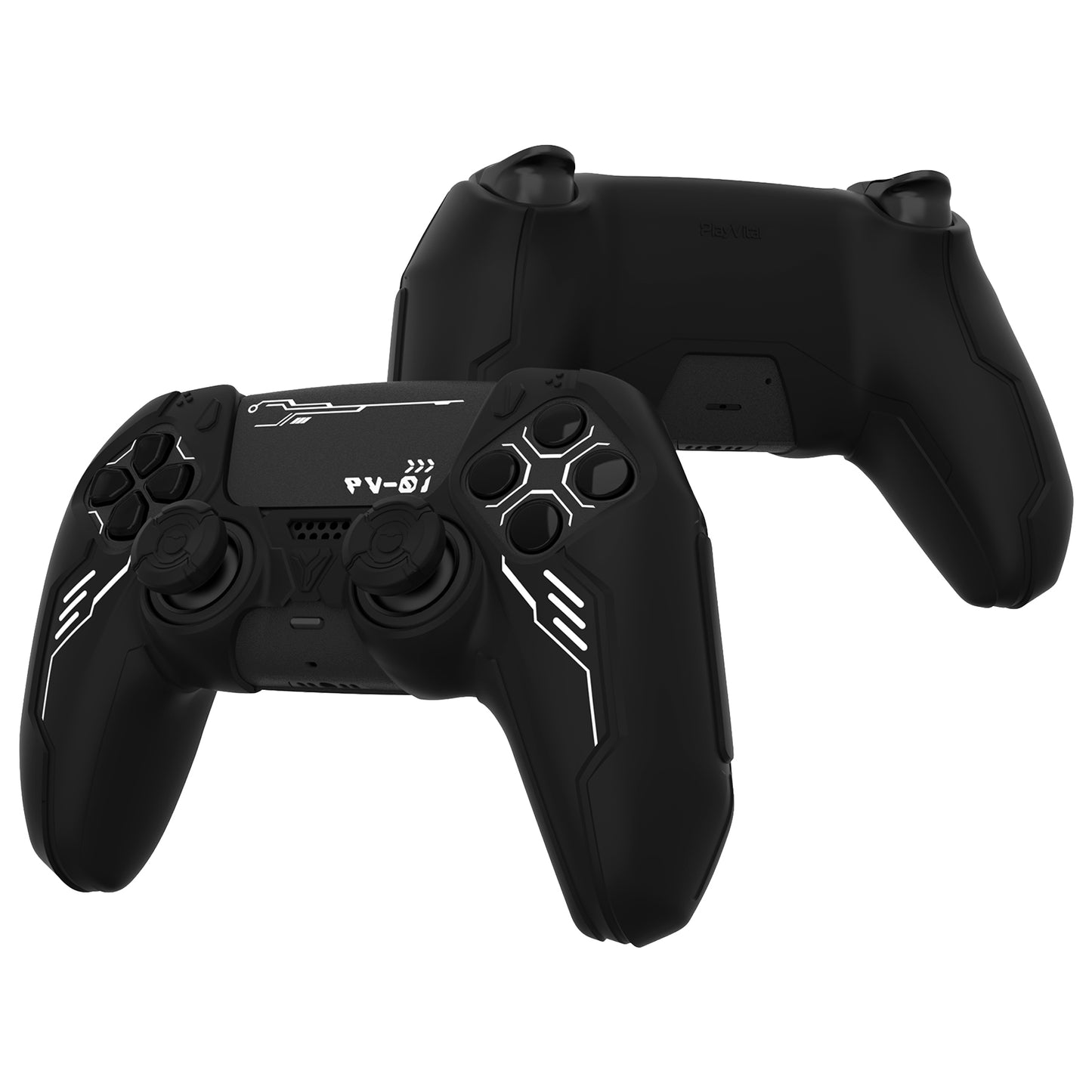 PlayVital Mecha Edition Anti-Slip Silicone Cover Skin with Matching Thumb Grips and Stickers for PS5 Wireless Controller - Compatible with Charging Station - Black PlayVital