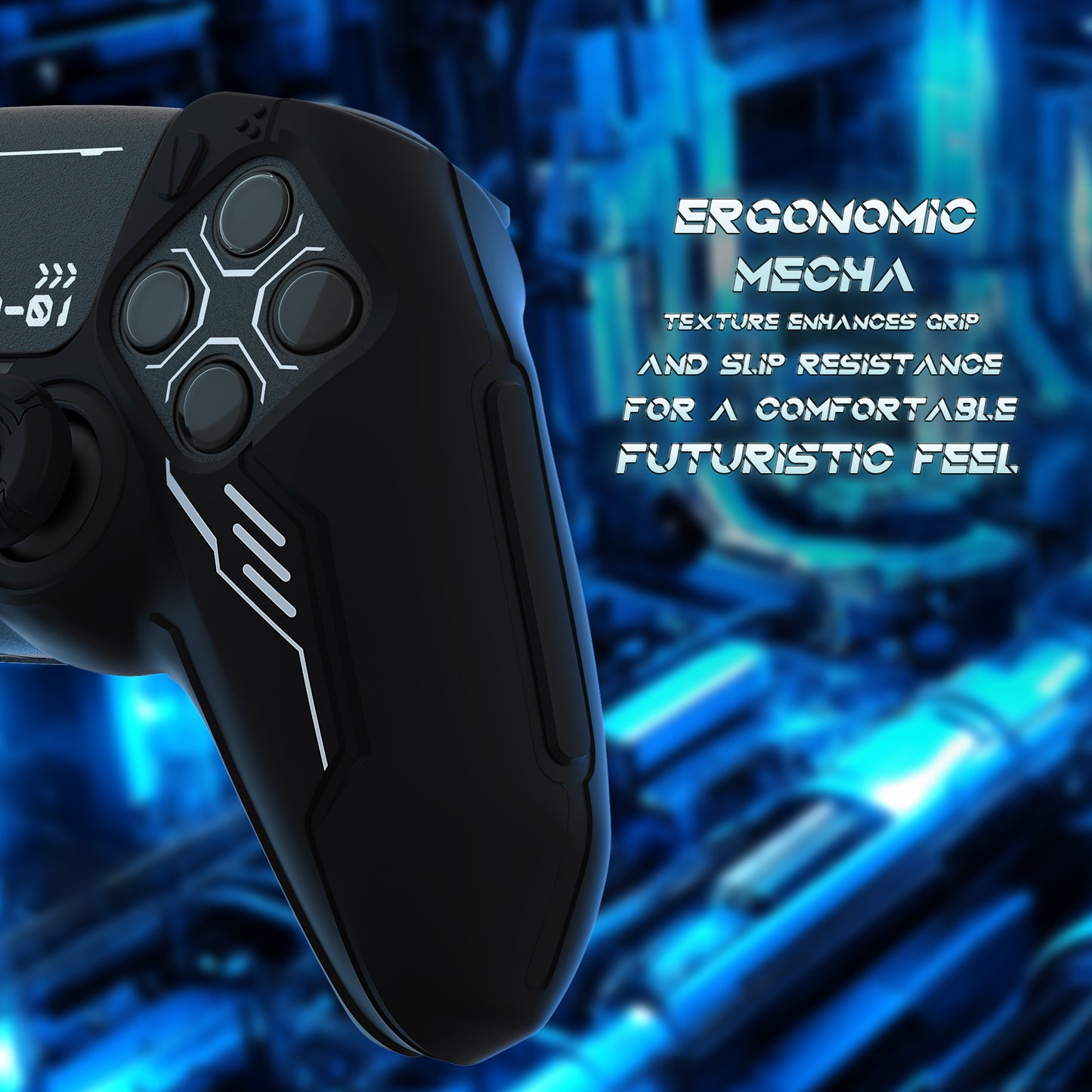 PlayVital Mecha Edition Anti-Slip Silicone Cover Skin with Matching Thumb Grips and Stickers for PS5 Wireless Controller - Compatible with Charging Station - Black PlayVital