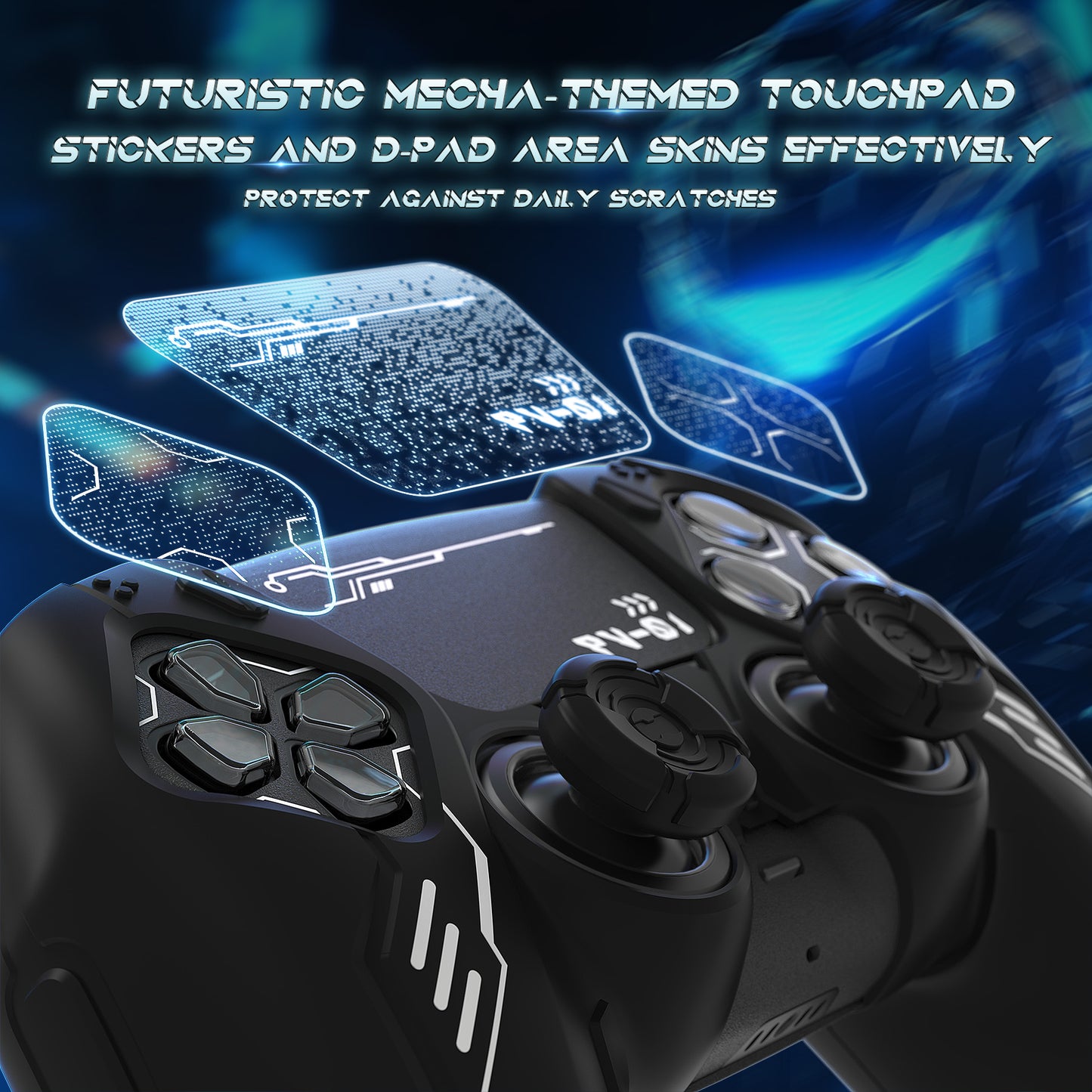 PlayVital Mecha Edition Anti-Slip Silicone Cover Skin with Matching Thumb Grips and Stickers for PS5 Wireless Controller - Compatible with Charging Station - Black PlayVital