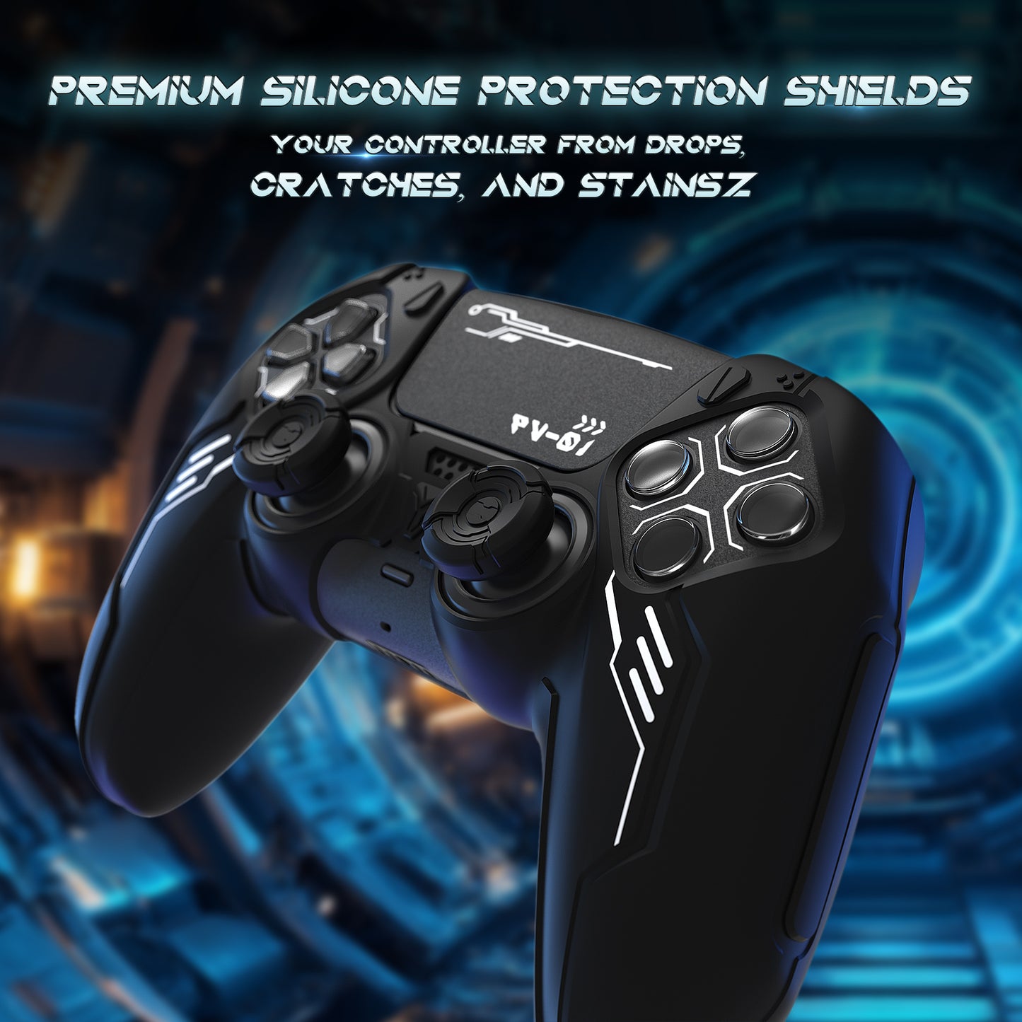 PlayVital Mecha Edition Anti-Slip Silicone Cover Skin with Matching Thumb Grips and Stickers for PS5 Wireless Controller - Compatible with Charging Station - Black PlayVital
