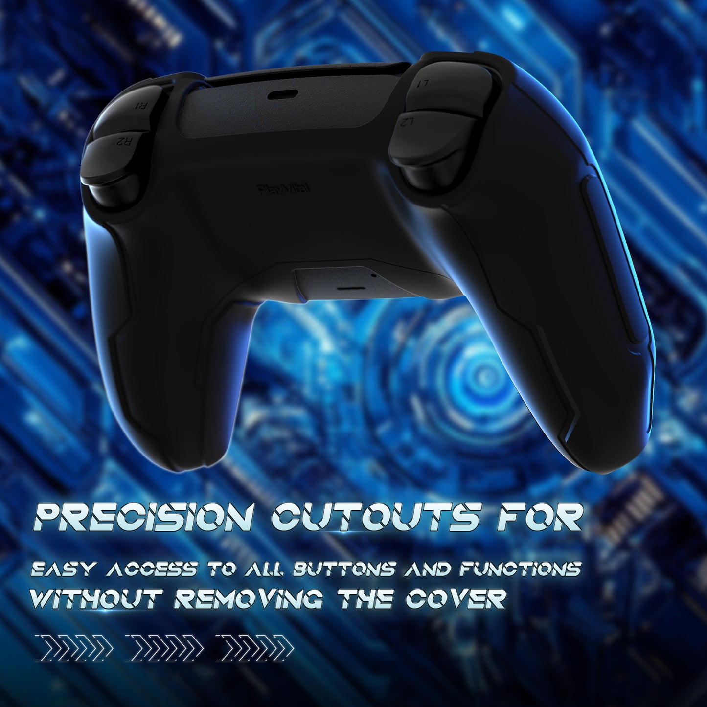 PlayVital Mecha Edition Anti-Slip Silicone Cover Skin with Matching Thumb Grips and Stickers for PS5 Wireless Controller - Compatible with Charging Station - Black PlayVital