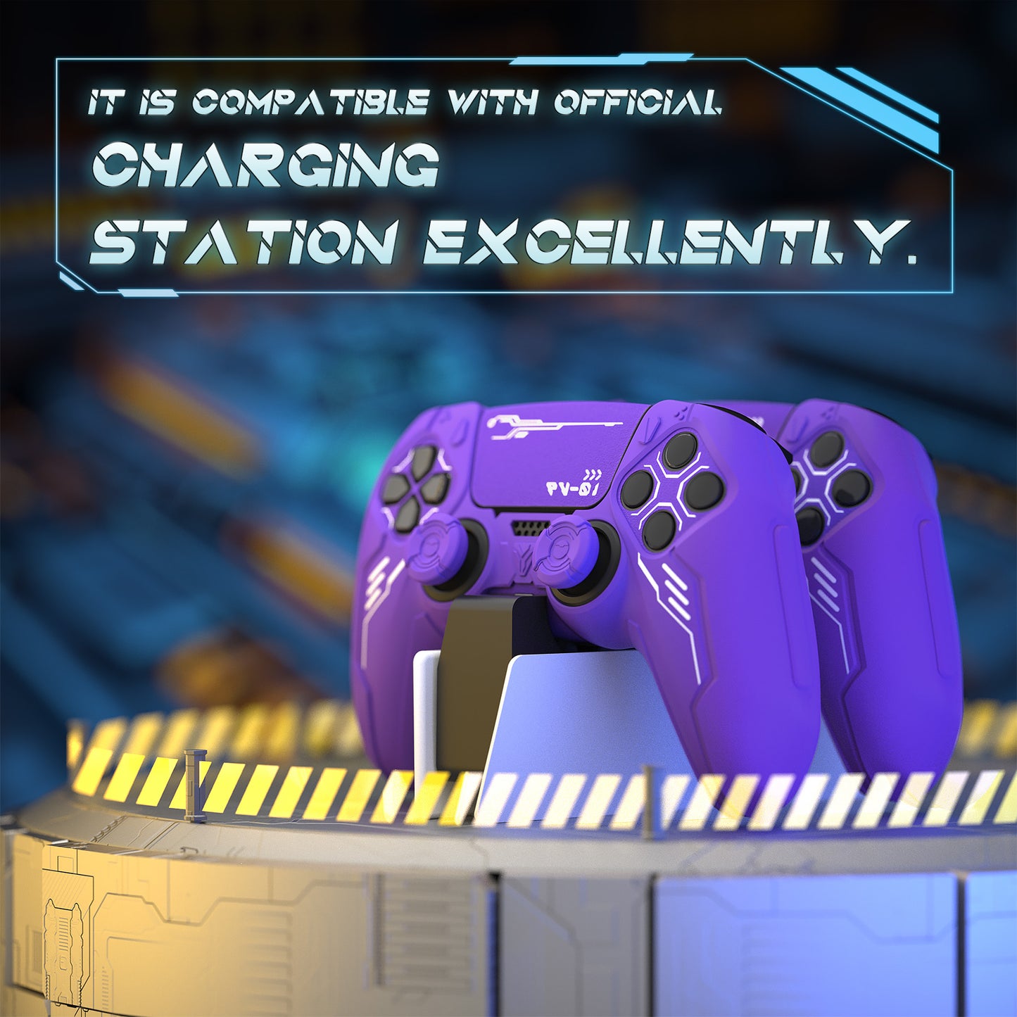 PlayVital Mecha Edition Anti-Slip Silicone Cover Skin with Matching Thumb Grips and Stickers for PS5 Wireless Controller - Compatible with Charging Station - Purple PlayVital