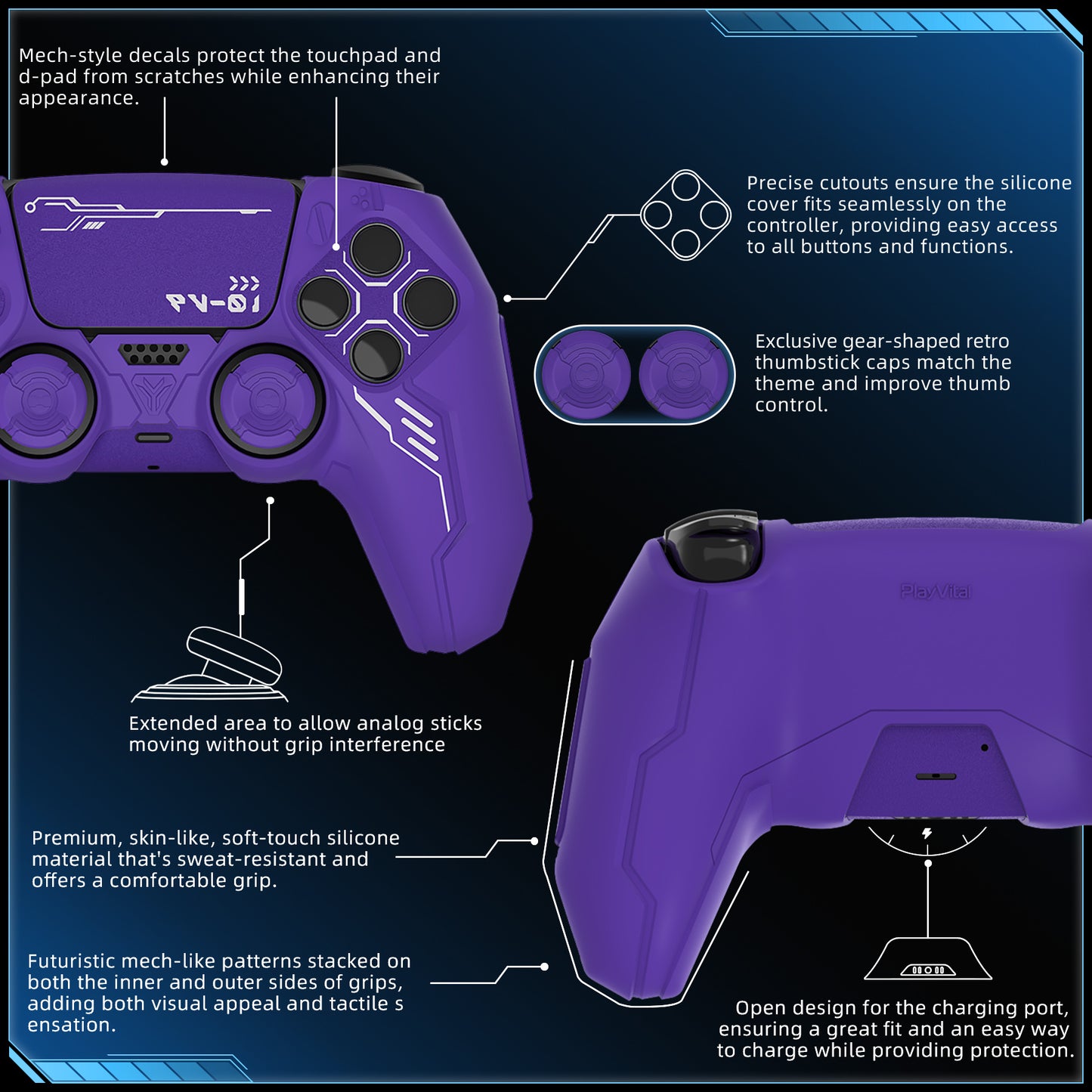 PlayVital Mecha Edition Anti-Slip Silicone Cover Skin with Matching Thumb Grips and Stickers for PS5 Wireless Controller - Compatible with Charging Station - Purple PlayVital