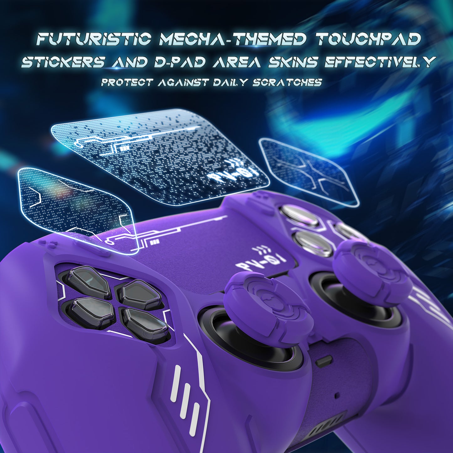 PlayVital Mecha Edition Anti-Slip Silicone Cover Skin with Matching Thumb Grips and Stickers for PS5 Wireless Controller - Compatible with Charging Station - Purple PlayVital