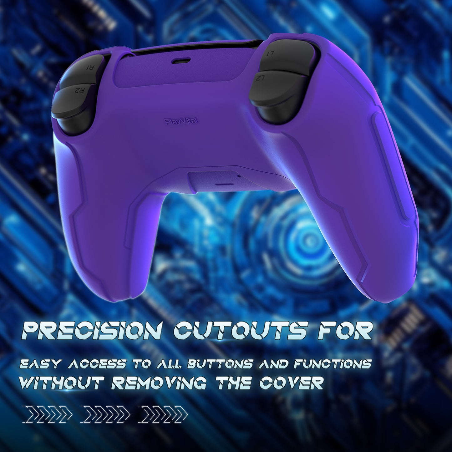PlayVital Mecha Edition Anti-Slip Silicone Cover Skin with Matching Thumb Grips and Stickers for PS5 Wireless Controller - Compatible with Charging Station - Purple PlayVital