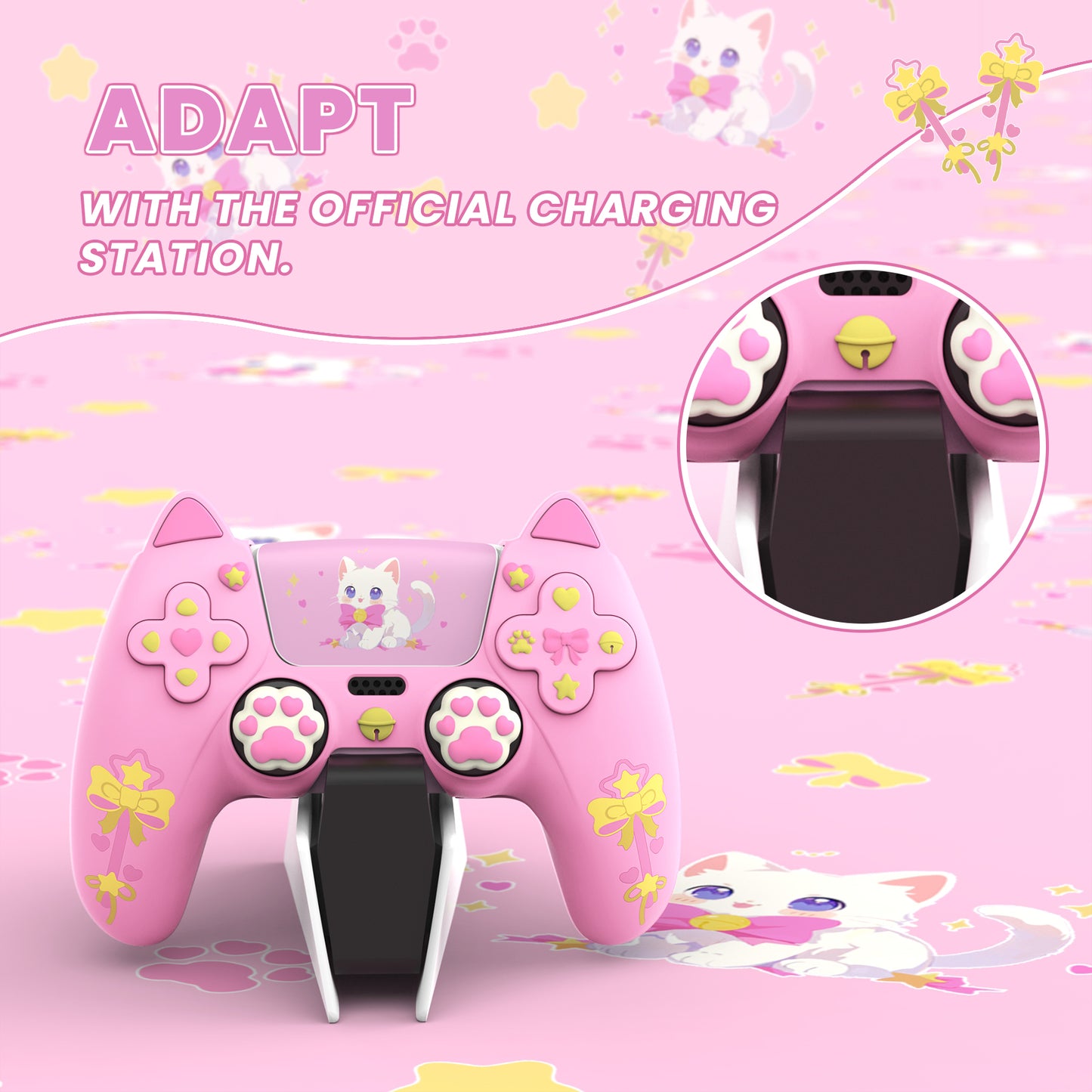 PlayVital Sweetheart Kitty Series Silicone Cover with 6 Joystick Caps and 6 Sticker for PS5 Controller, Soft Anti-Slip Full Protection Grip Skin Compatible with PS5 Charging Dock - Pink