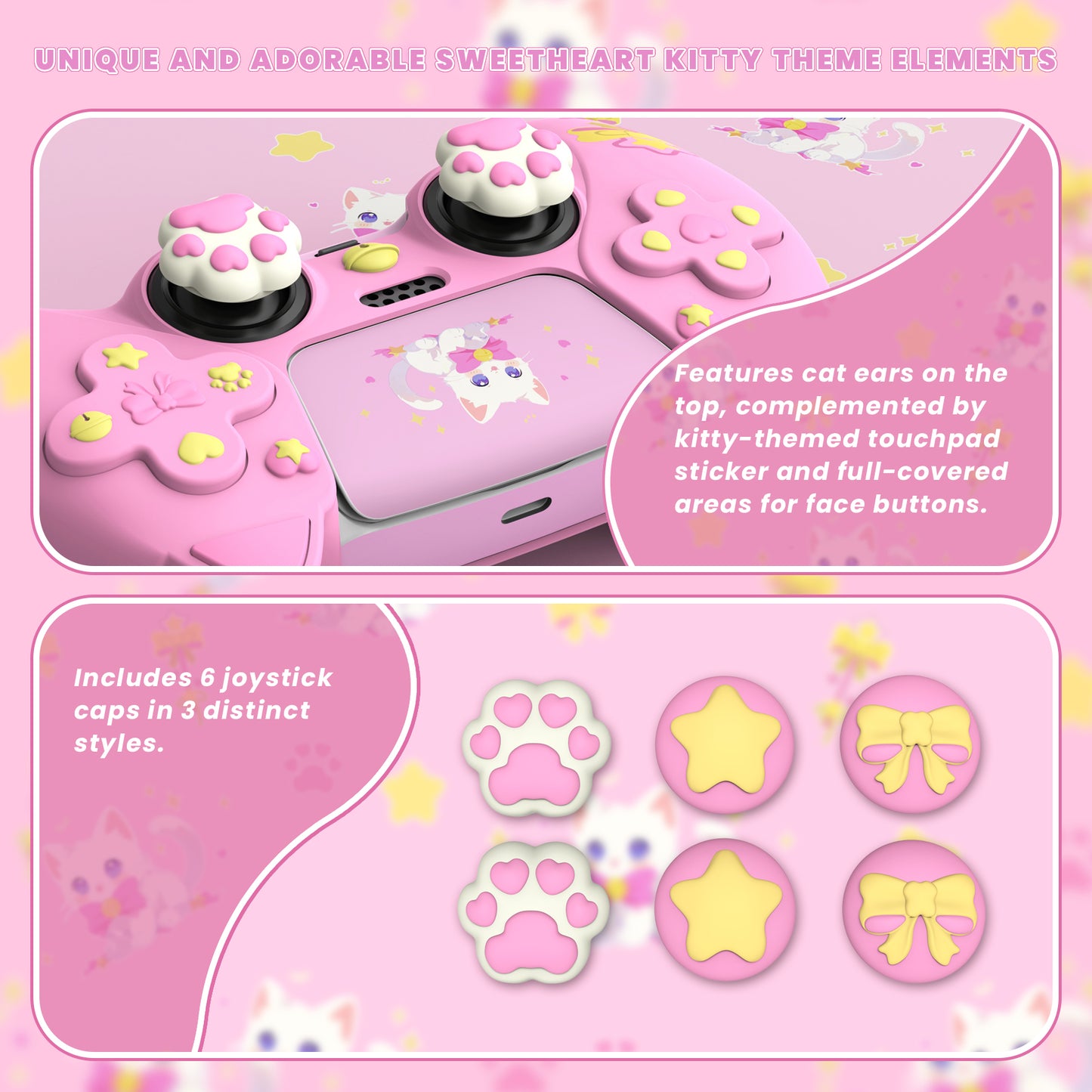 PlayVital Sweetheart Kitty Series Silicone Cover with 6 Joystick Caps and 6 Sticker for PS5 Controller, Soft Anti-Slip Full Protection Grip Skin Compatible with PS5 Charging Dock - Pink