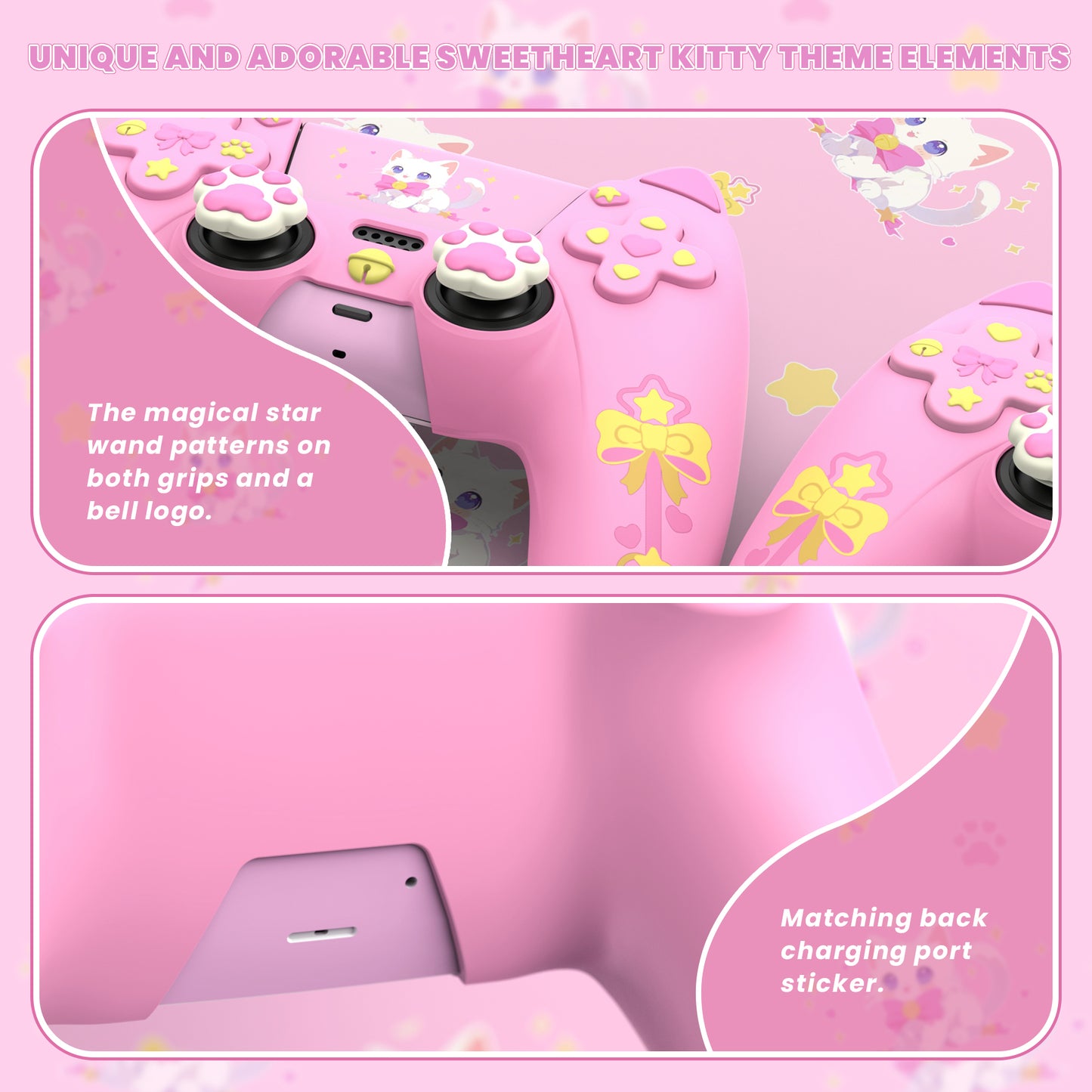 PlayVital Sweetheart Kitty Series Silicone Cover with 6 Joystick Caps and 6 Sticker for PS5 Controller, Soft Anti-Slip Full Protection Grip Skin Compatible with PS5 Charging Dock - Pink