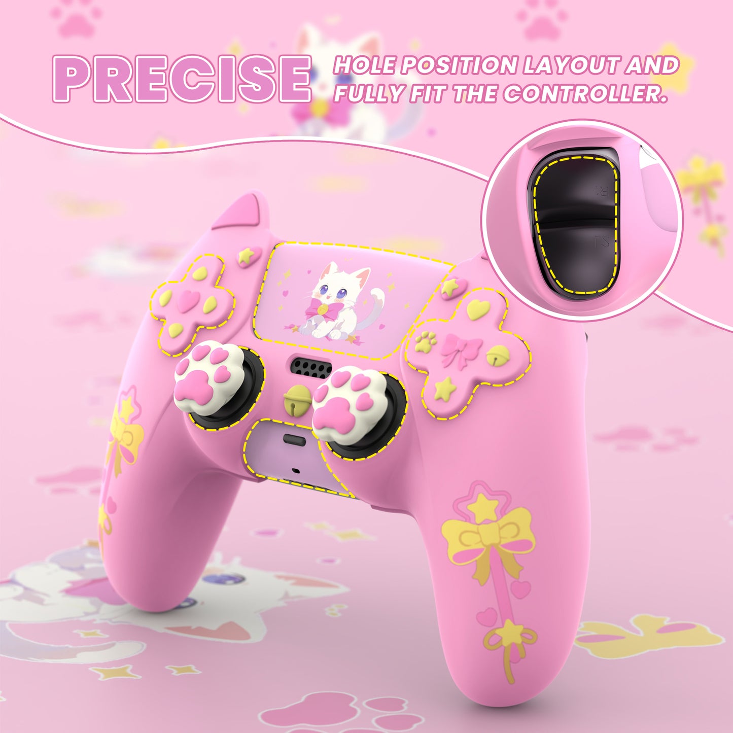 PlayVital Sweetheart Kitty Series Silicone Cover with 6 Joystick Caps and 6 Sticker for PS5 Controller, Soft Anti-Slip Full Protection Grip Skin Compatible with PS5 Charging Dock - Pink