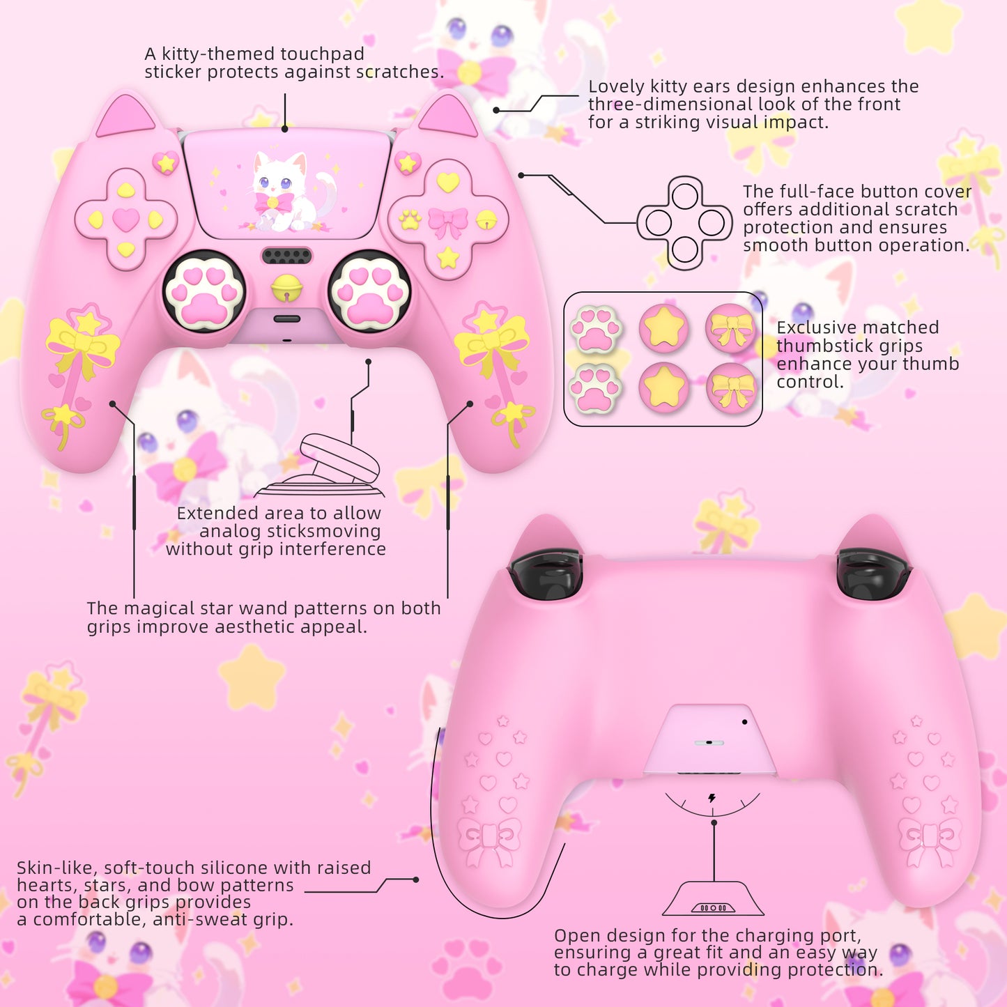 PlayVital Sweetheart Kitty Series Silicone Cover with 6 Joystick Caps and 6 Sticker for PS5 Controller, Soft Anti-Slip Full Protection Grip Skin Compatible with PS5 Charging Dock - Pink
