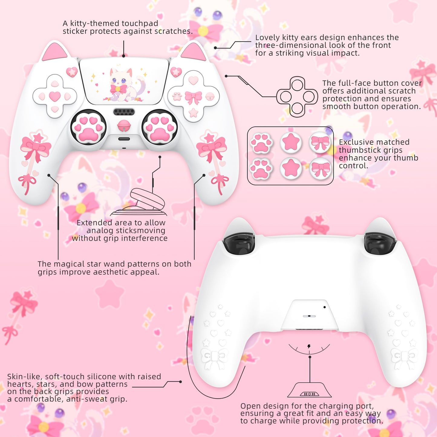 PlayVital Sweetheart Kitty Series Silicone Cover with 6 Joystick Caps and 6 Sticker for PS5 Controller, Soft Anti-Slip Full Protection Grip Skin Compatible with PS5 Charging Dock - White